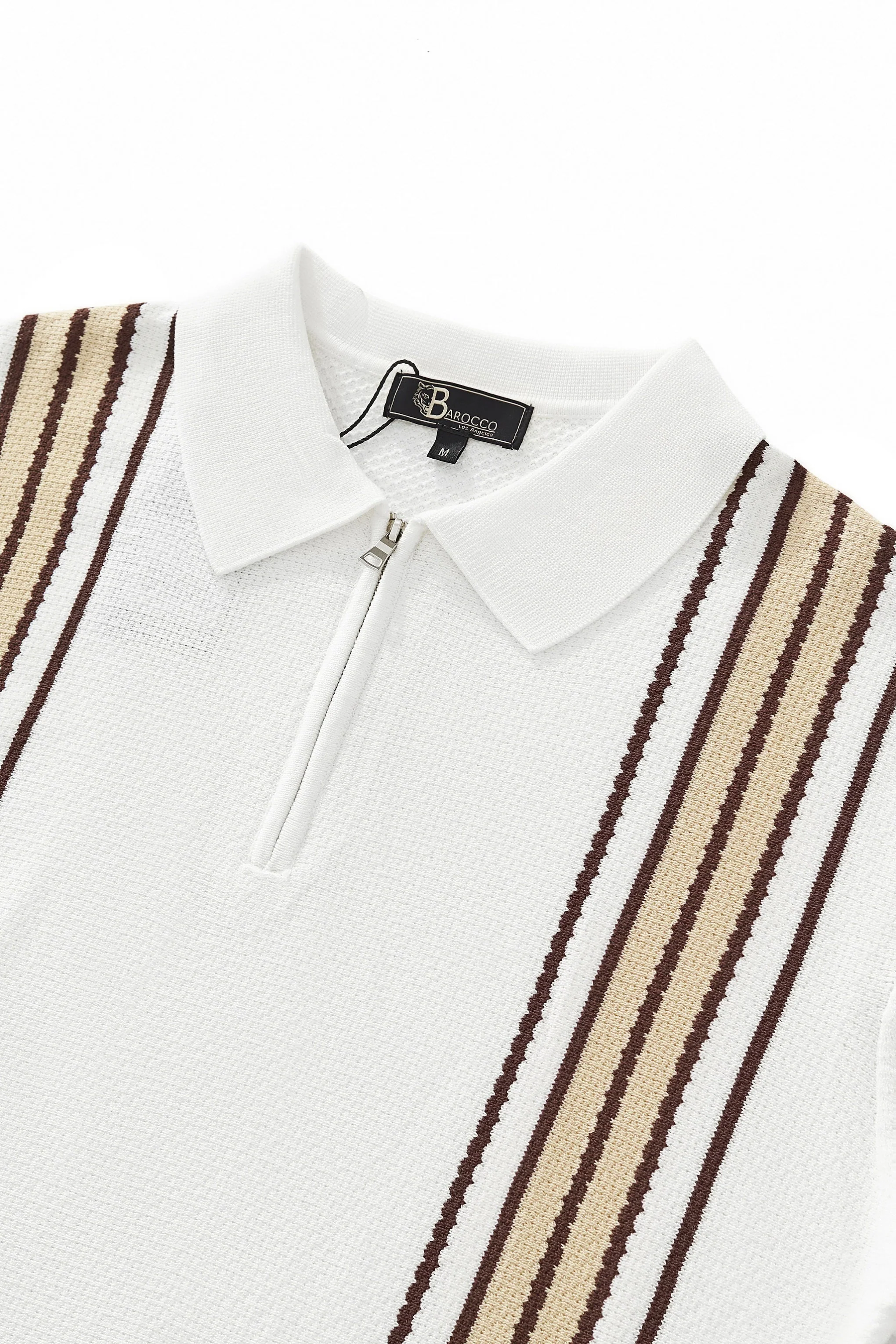 Retro Stripe Zip Knit Polo WHITE/KHAKI - Image 3