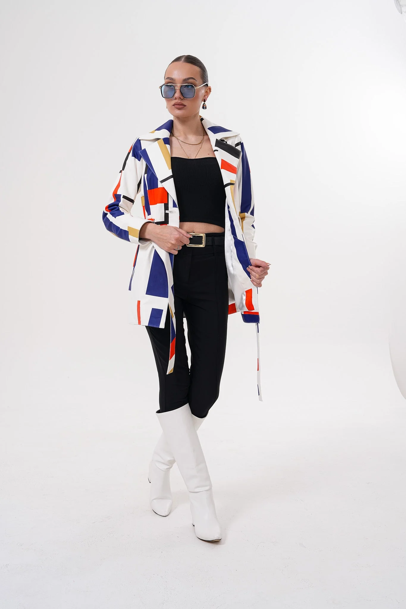 Sienna Abstract Art Leather Women Jacket – Red Navy Edition - Image 5