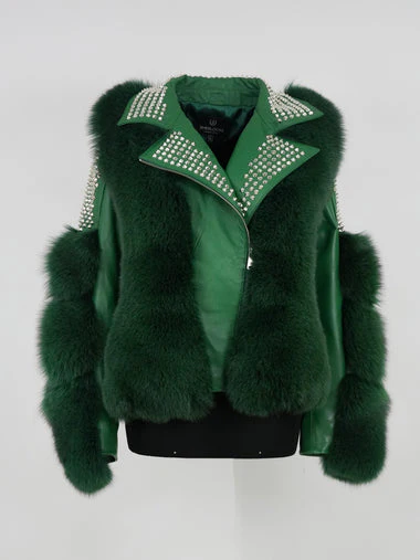 Kashani Ladies Studded Money Green Fox Fur Biker Jacket - Image 3