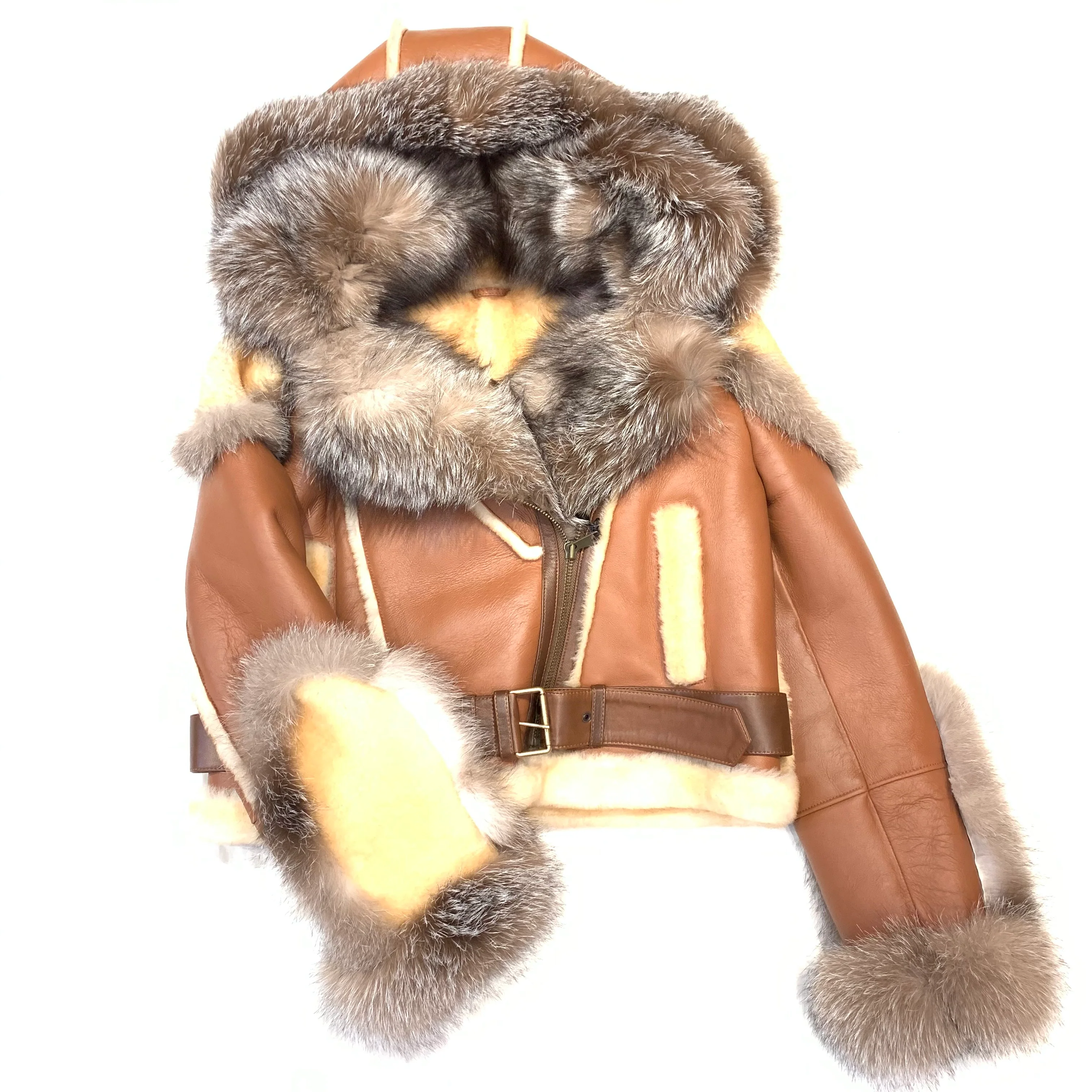Kashani Women's Natural Fox Biker Shearling Coat - Image 2