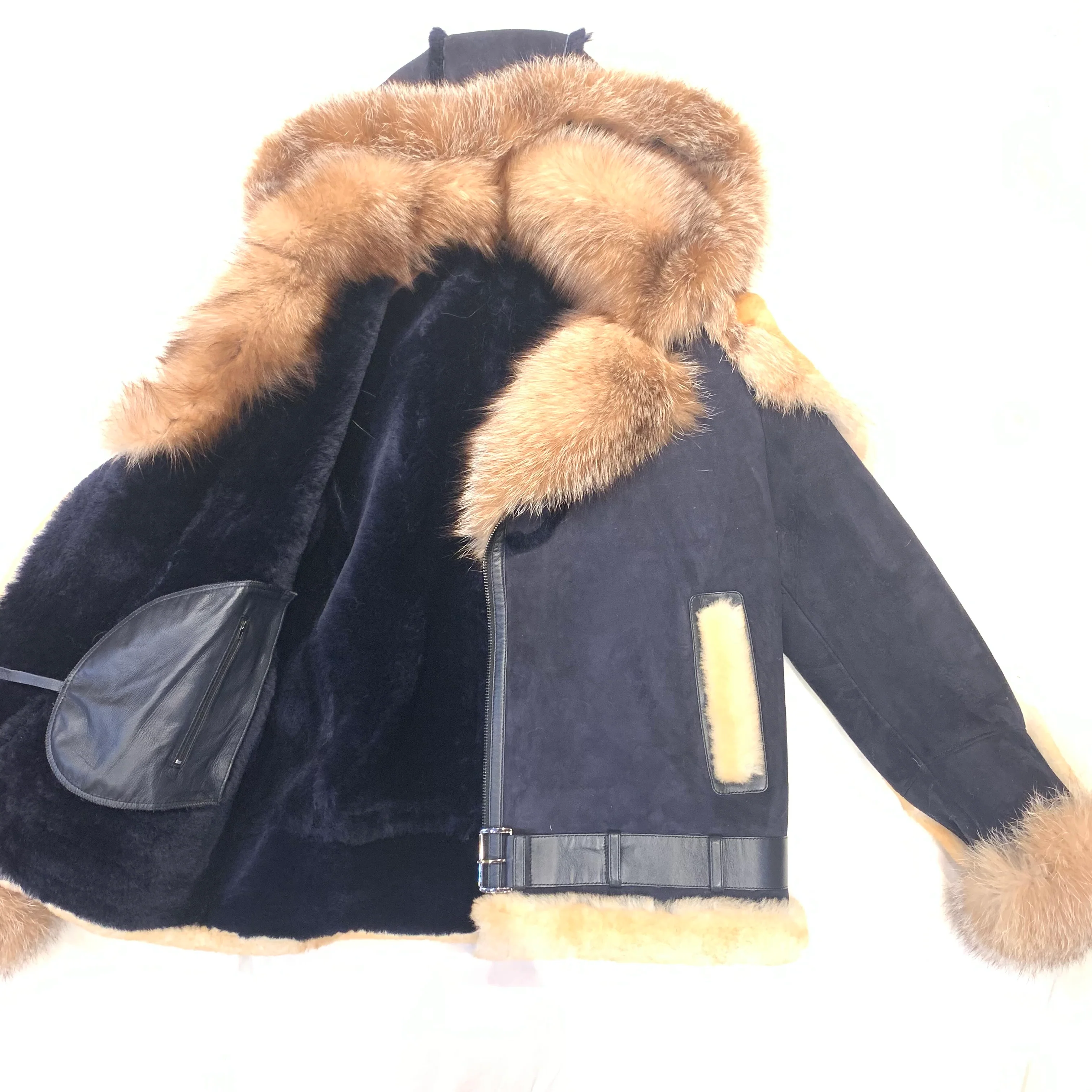 Kashani Men's Navy Blue Over Sized Fox Fur Collar/ Hooded Shearling Jacket - Image 3