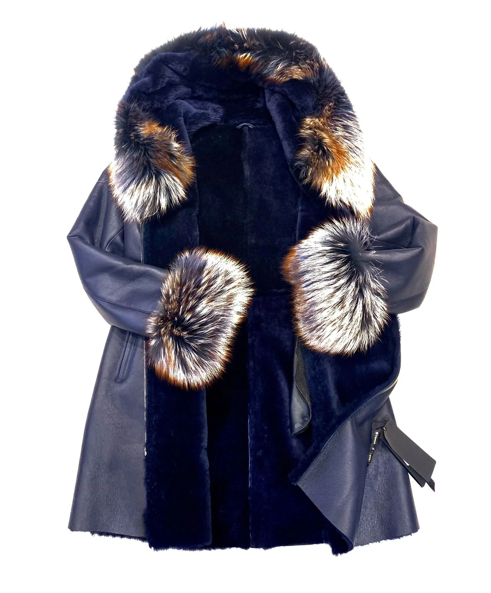 Kashani Women's Navy Blue Fox Collar 3/4 Shearling Jacket - Image 3
