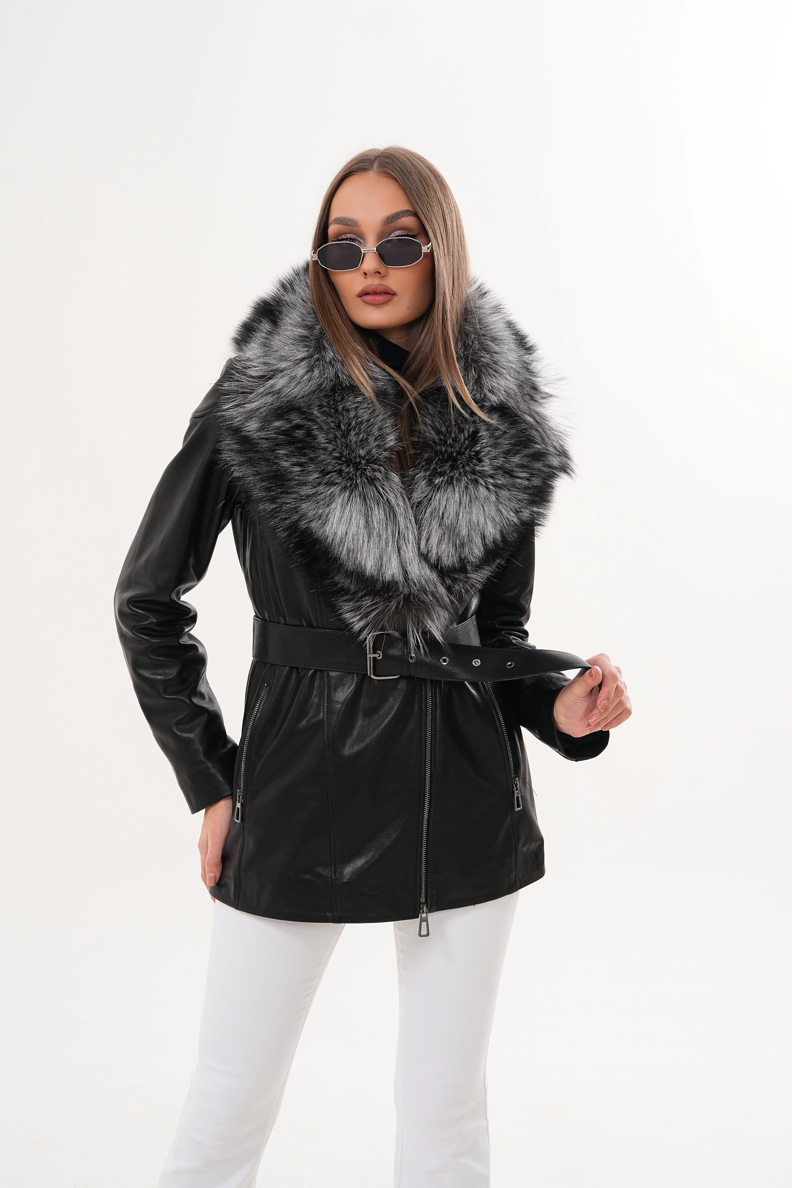 The Alessia Black Leather & Fox Fur Women Jacket - Image 21