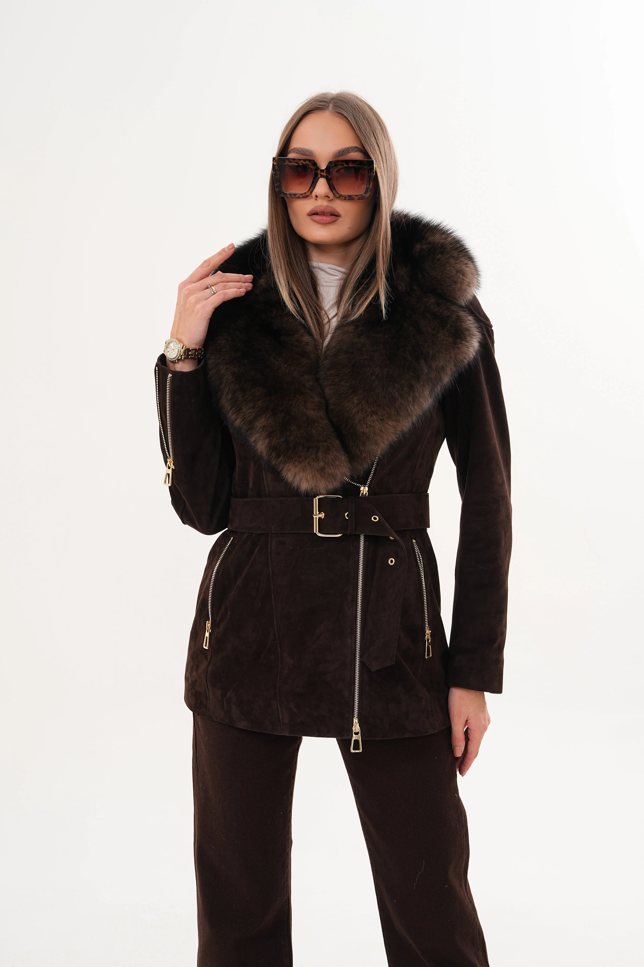 The Alessia Brown Leather & Fox Fur Women Jacket - Image 12
