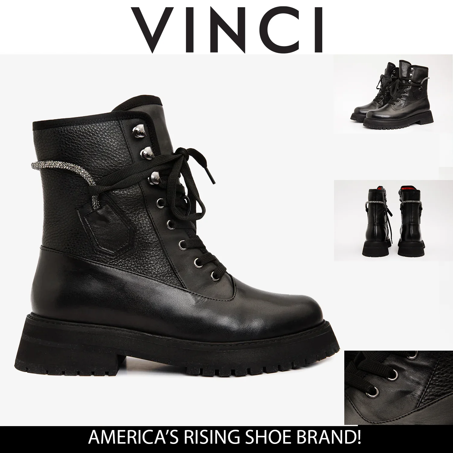 The Arata Black Leather Lace-Up Ankle Women Boot With a Side Zipper - Image 5