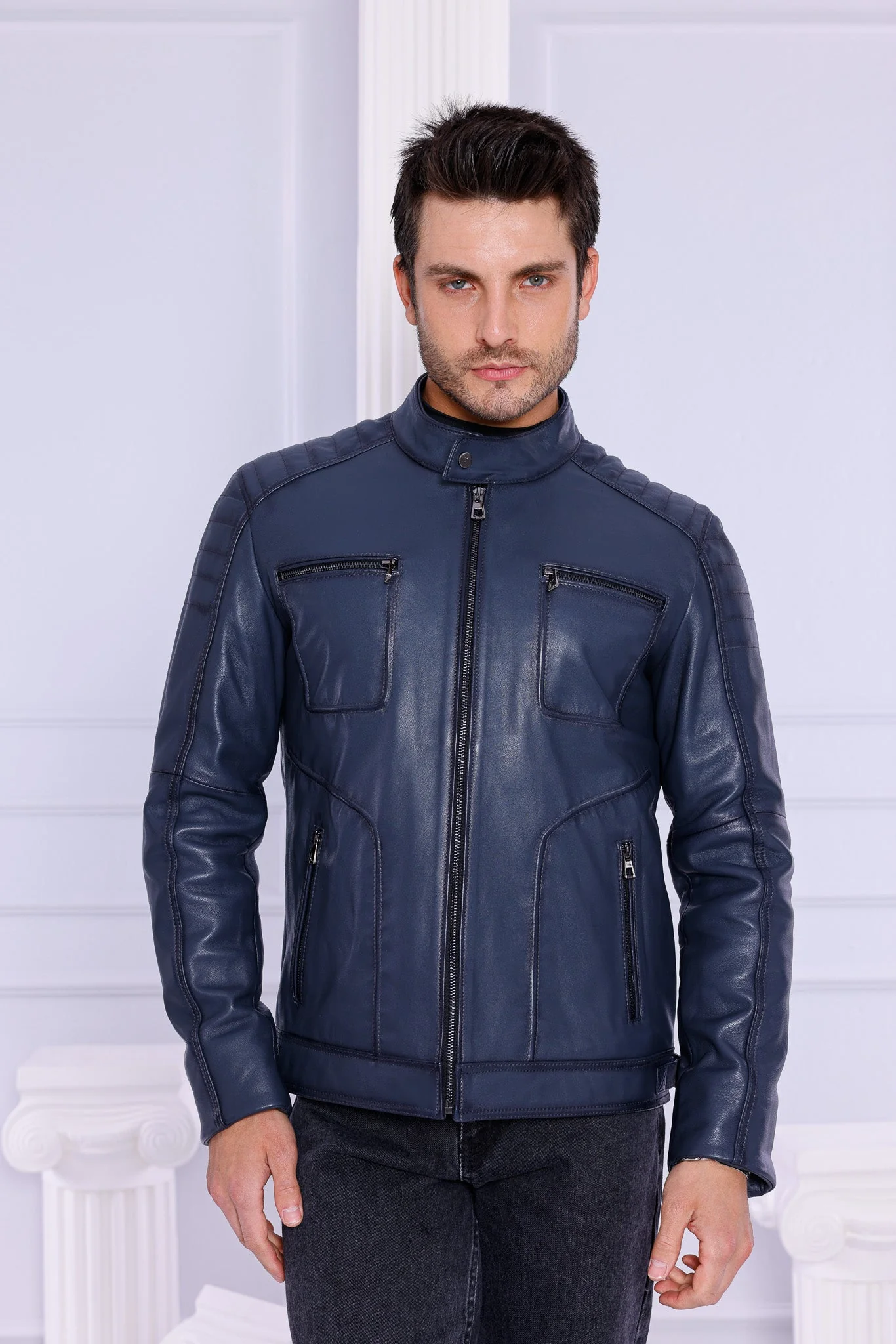 The Argento Navy Blue Leather Jacket - Image 6