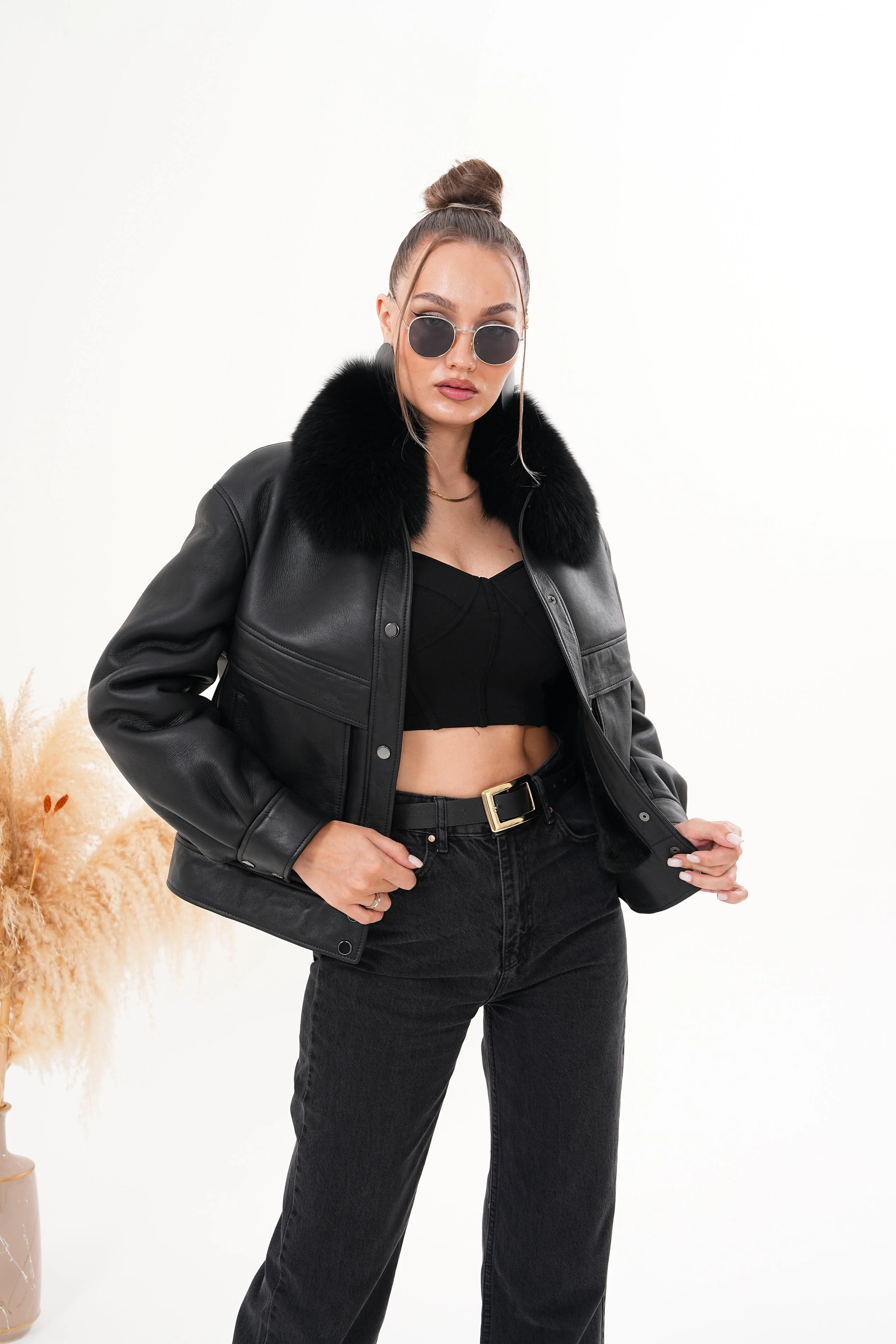 The Auretta Black Shearling Leather Women Jacket - Image 12