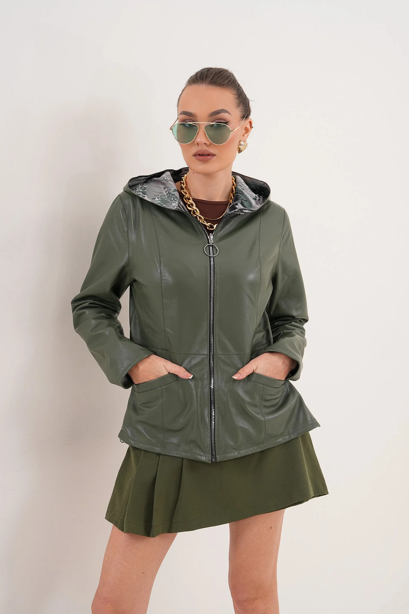 The Avelyn Reversible Olive Green Leather Women Jacket - Image 2