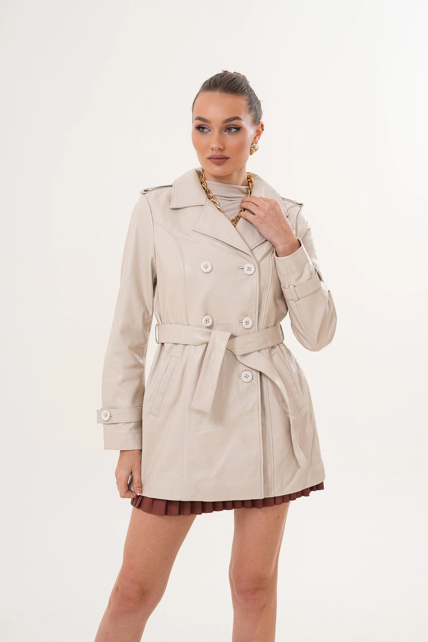 The Caelith Light Beige Leather Women Trench Jacket - Image 6