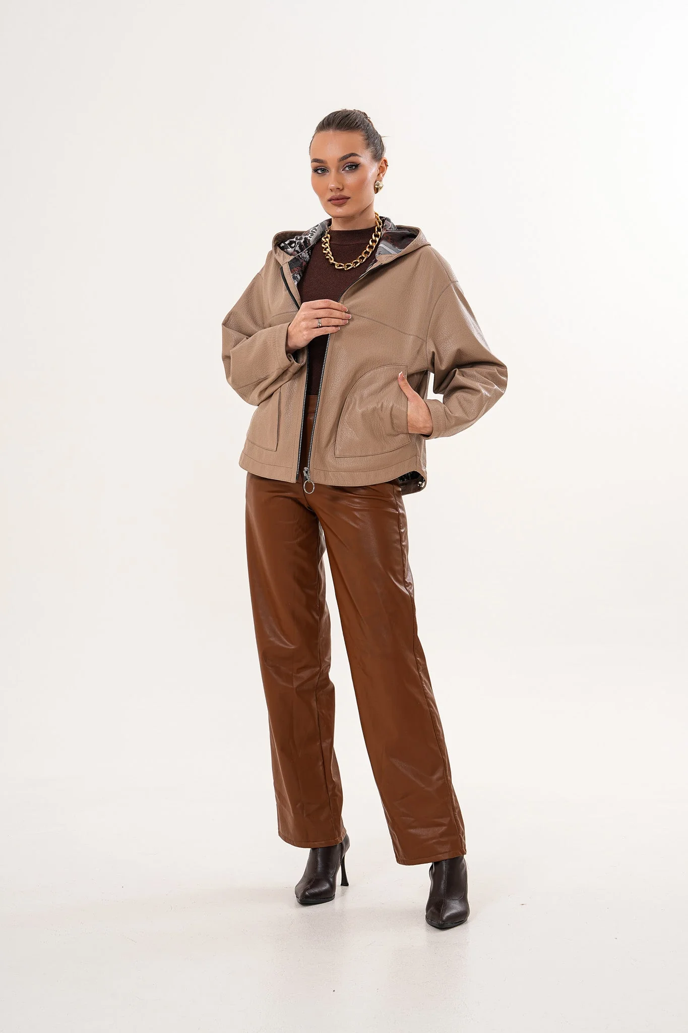 The Calyra Reversible Leather Women Jacket – Taupe - Image 11