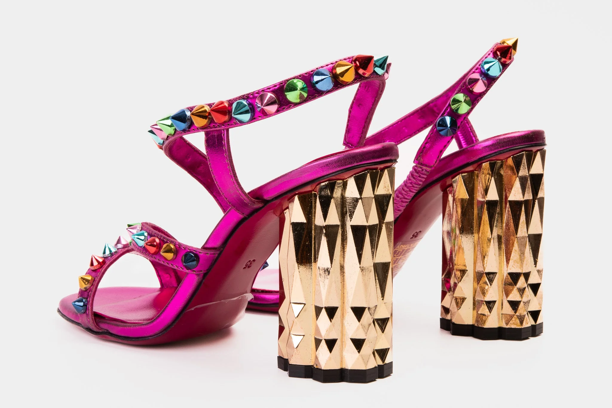 The Caris Fuchsia Block Heel Spike Leather Women Sandal Final Sale! - Image 4
