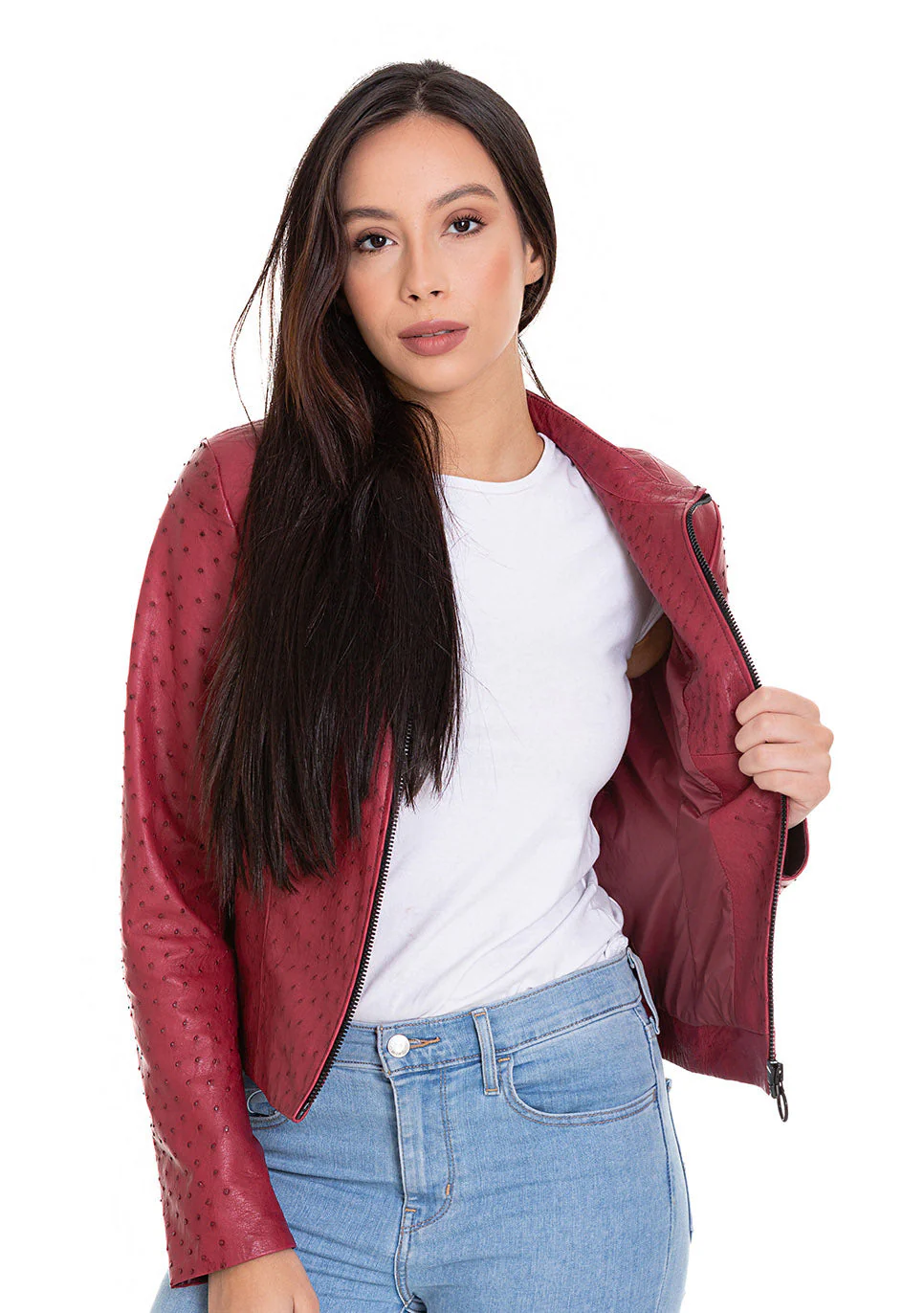The Comly Burgundy  Ostrich Leather Women Jacket - Image 4