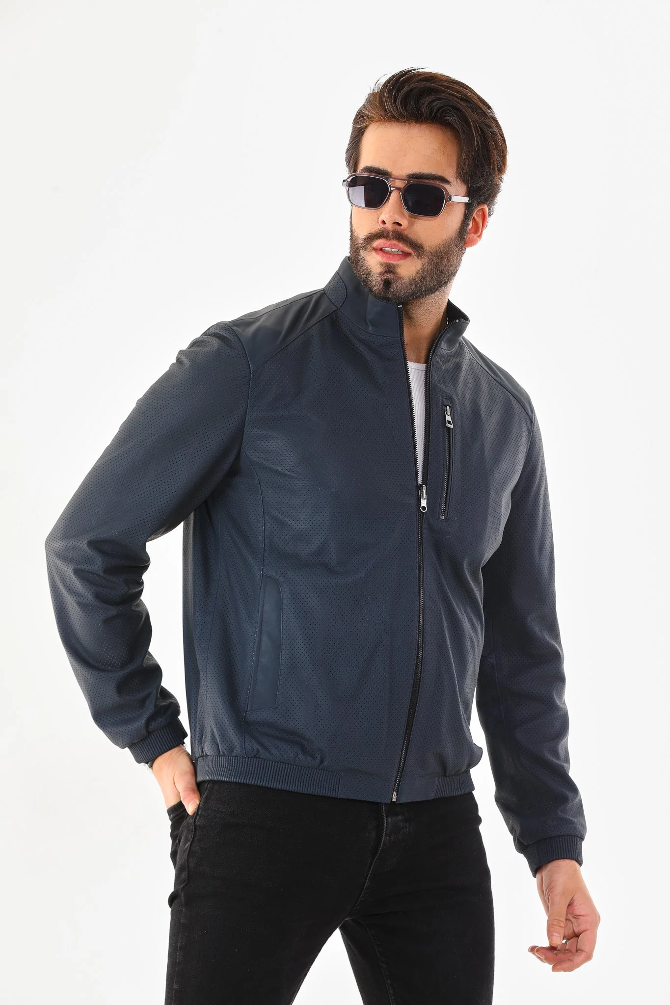 The Como Navy Blue Leather Bomber Jacket - Image 6