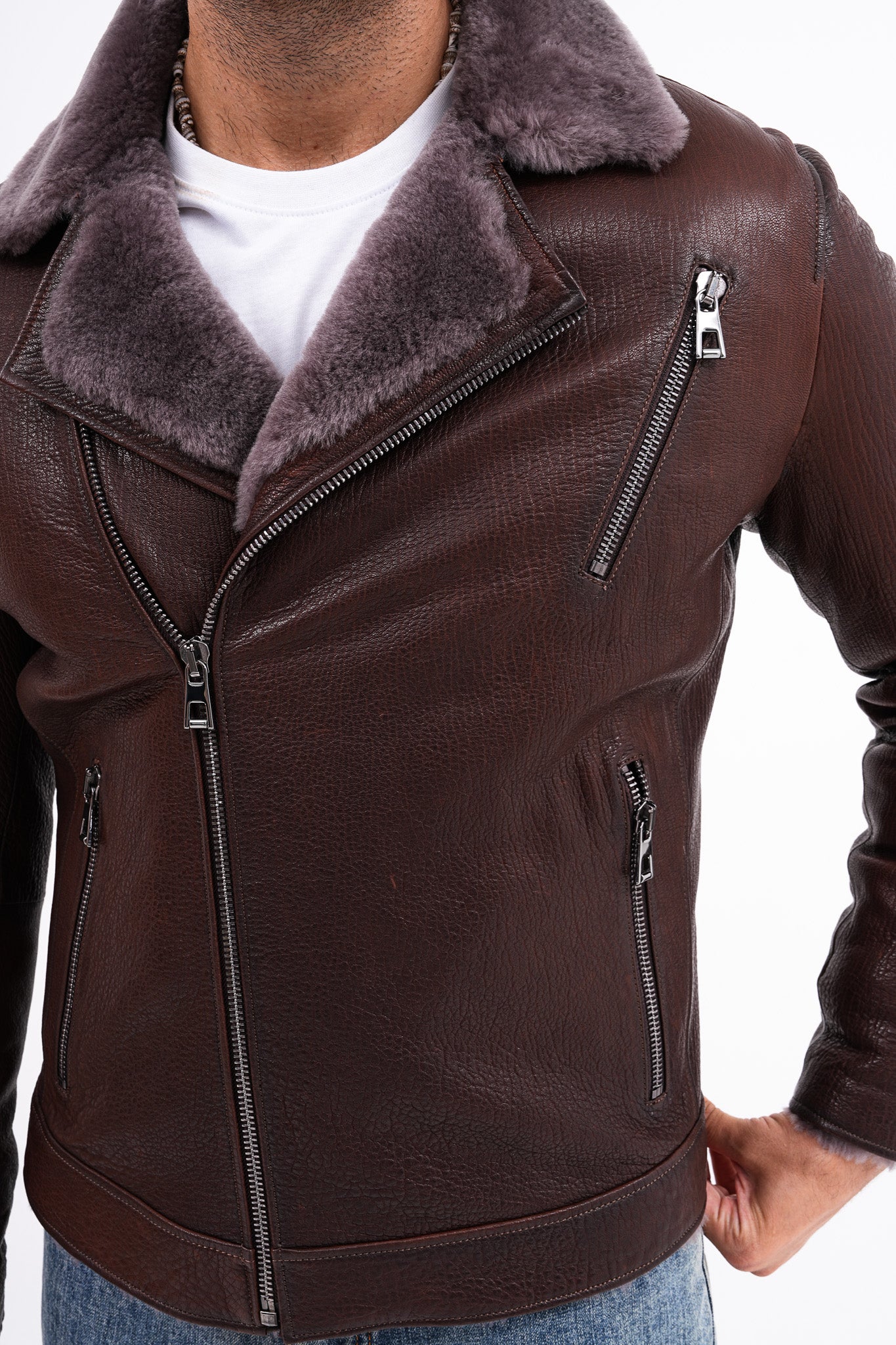 The Cortina Brown Shearling Leather Men Jacket - Image 4