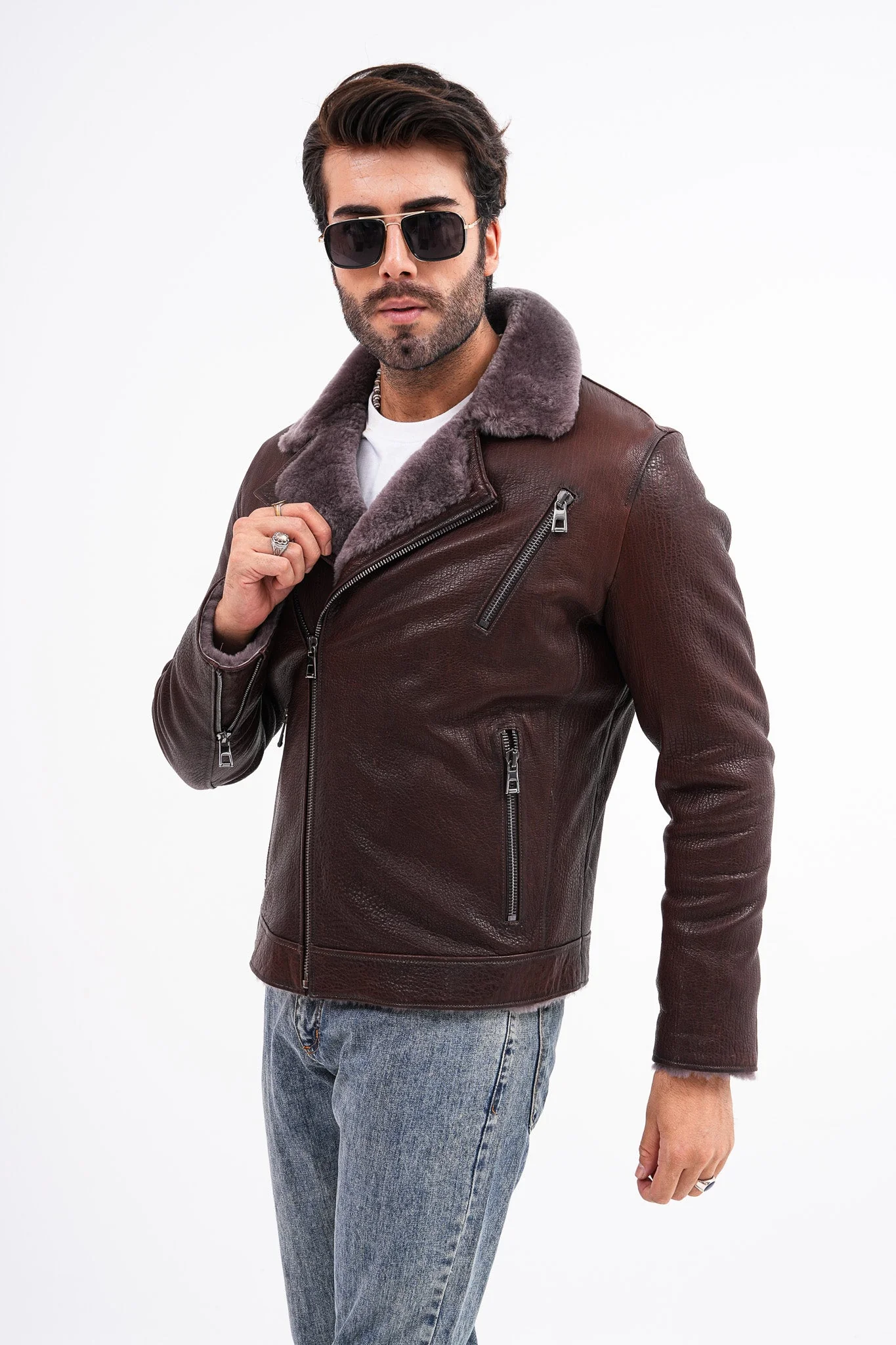 The Cortina Brown Shearling Leather Men Jacket - Image 7