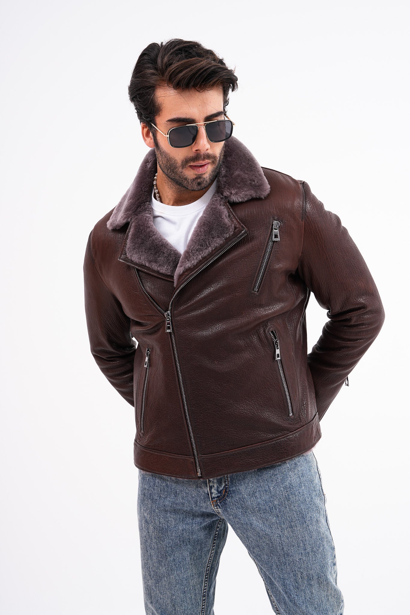 The Cortina Brown Shearling Leather Men Jacket - Image 8
