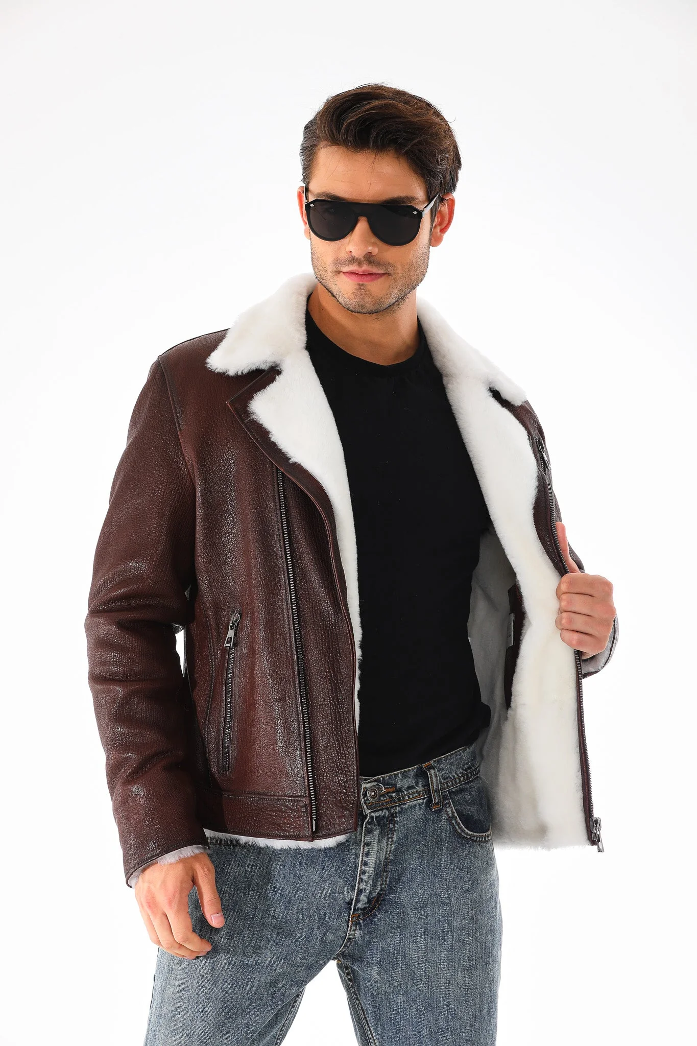 The Cortina Brown & White Shearling Leather Men Jacket - Image 6