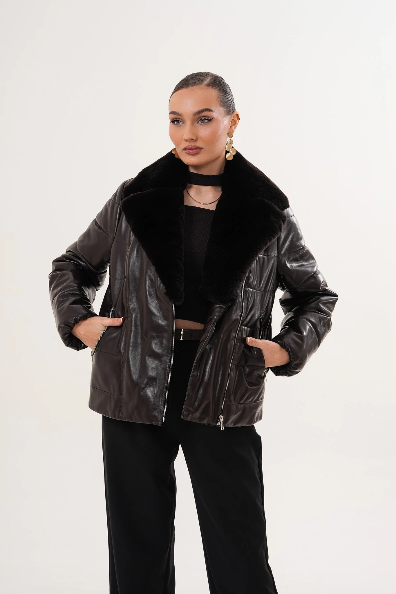 The Elvaris Dark Chocolate Leather Women Jacket with Fur Collar - Image 13