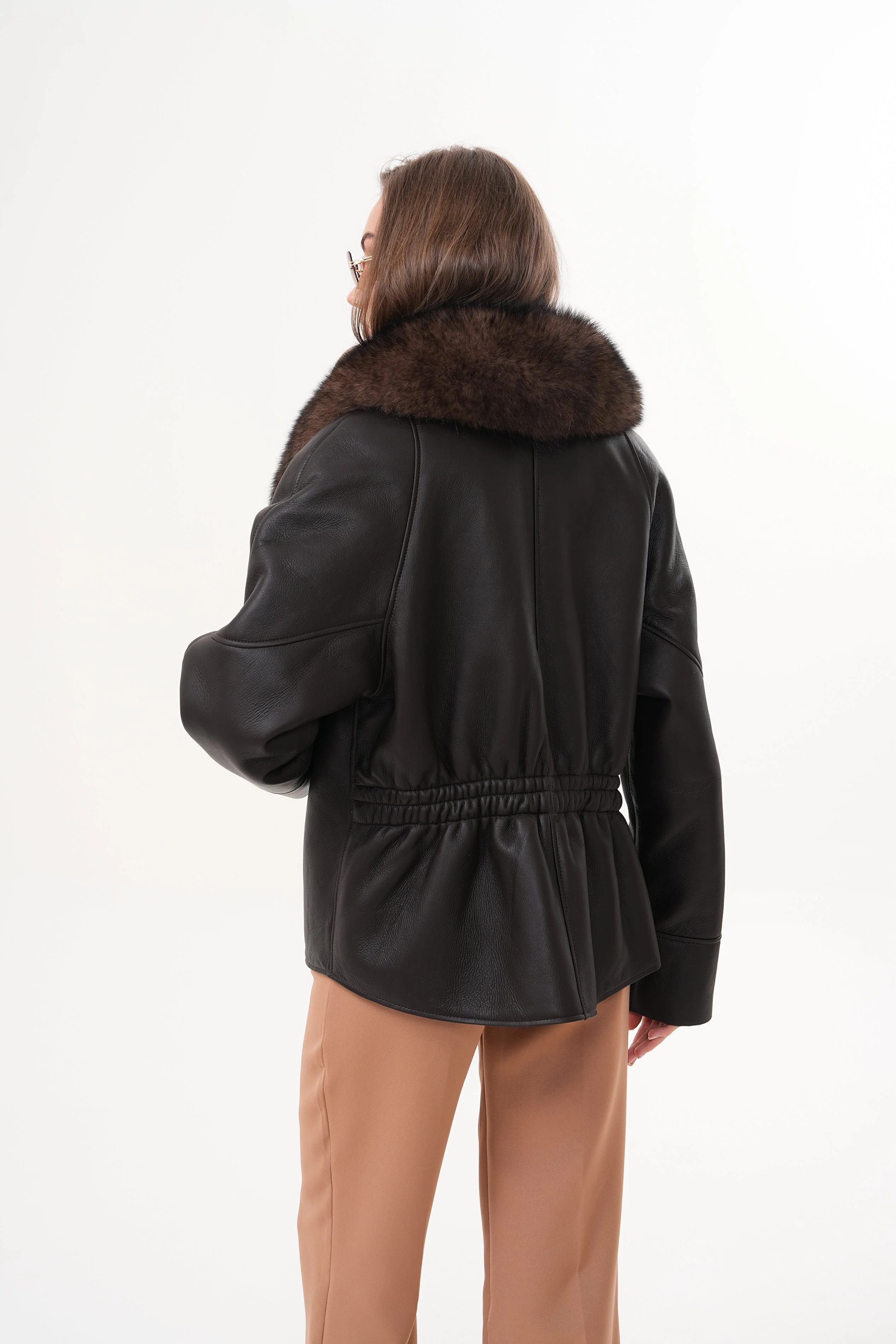 The Estelle Black & Brown Shearling Leather Women Jacket - Image 7