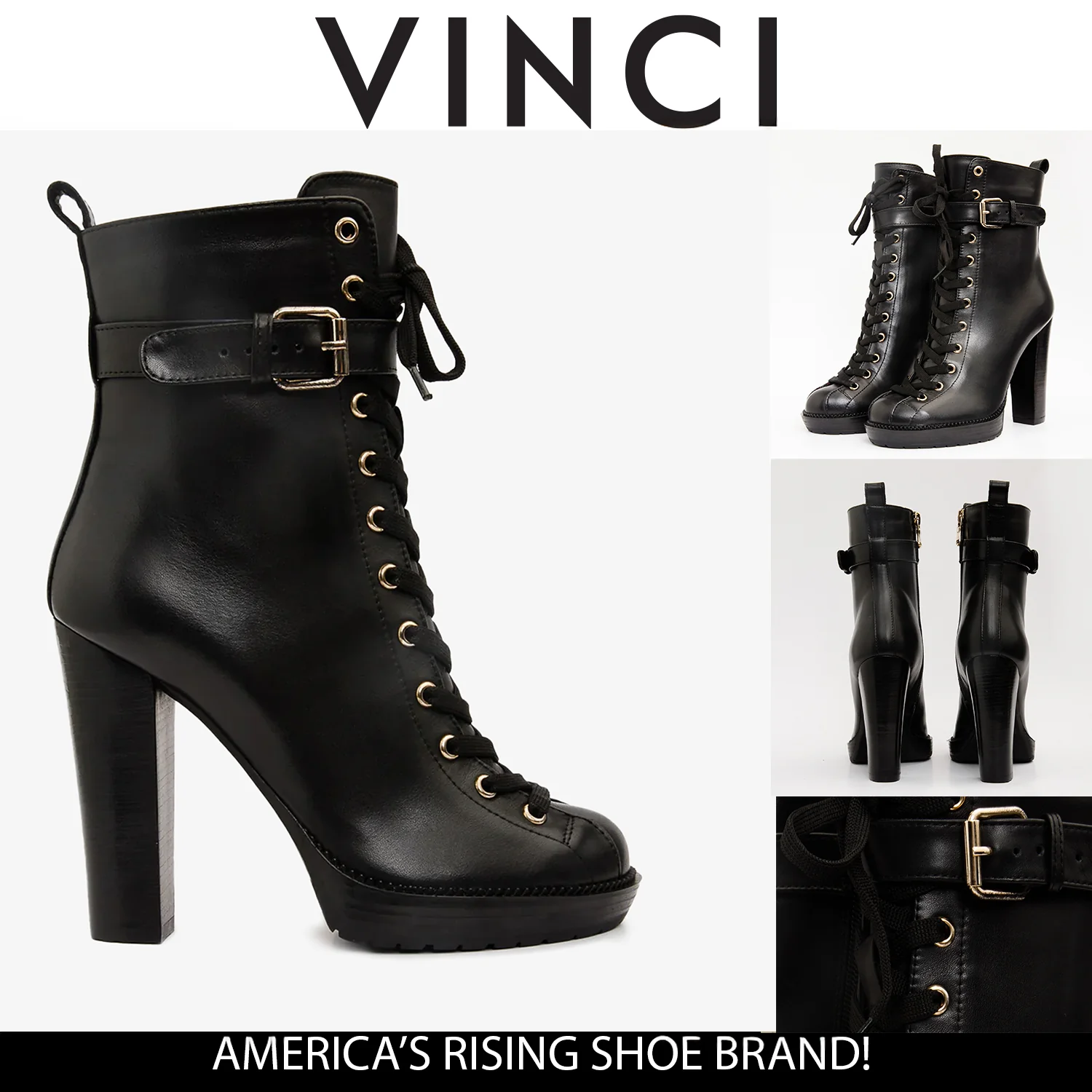 The Estrada Black Leather Lace-Up Platform Heel Mid Calf Women Boot - Image 6
