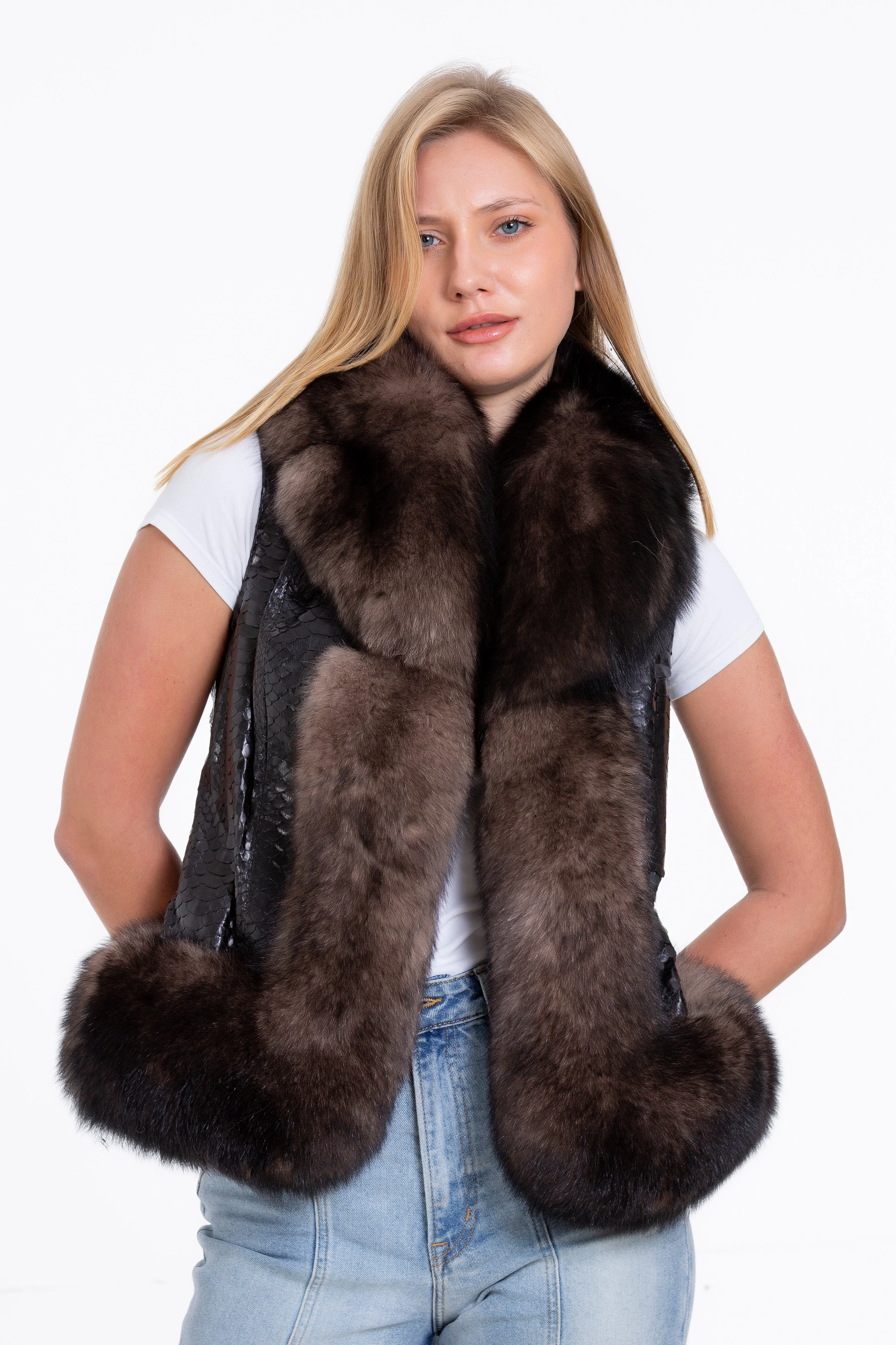 The Fitzroy Pythn Skin Leather Black Pullover Vest with a Pure Fox Fur Women Jacket - Image 2
