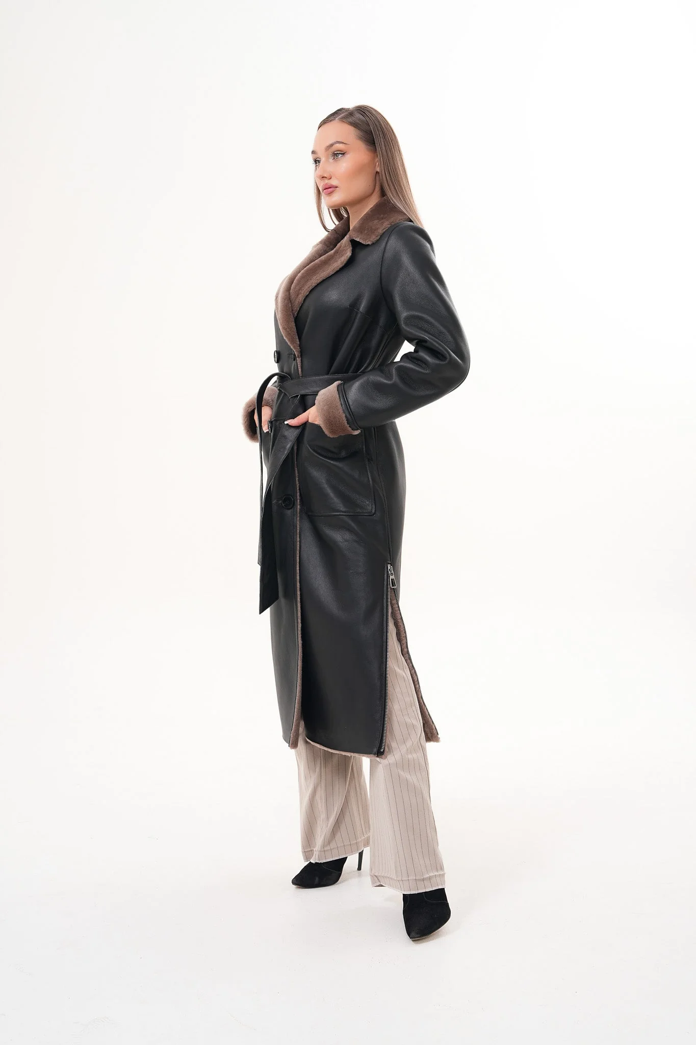 The Florence Long Shearling Black Leather Women Jacket - Image 12