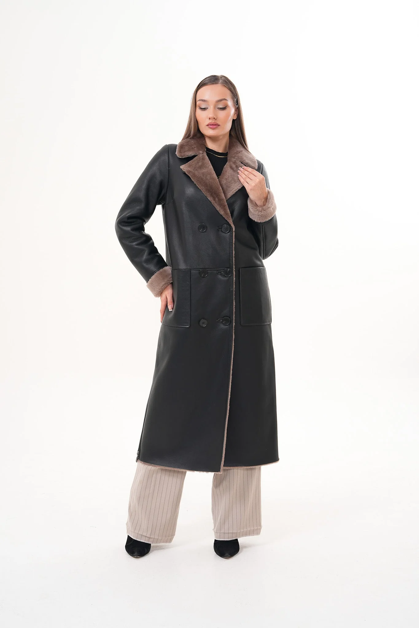 The Florence Long Shearling Black Leather Women Jacket - Image 8