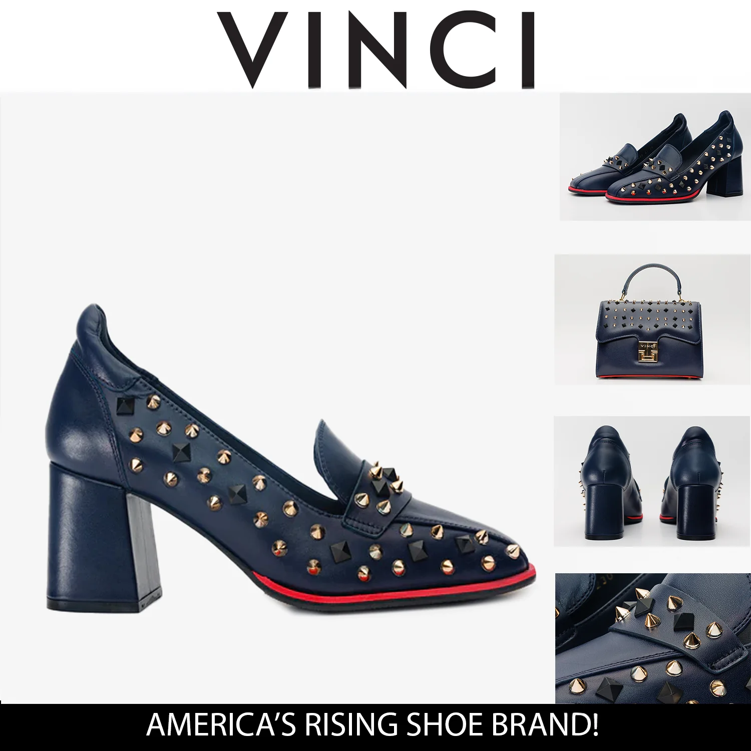 The Infanta Navy Blue Spike Leather Block Heel Pump Women Shoe - Image 5