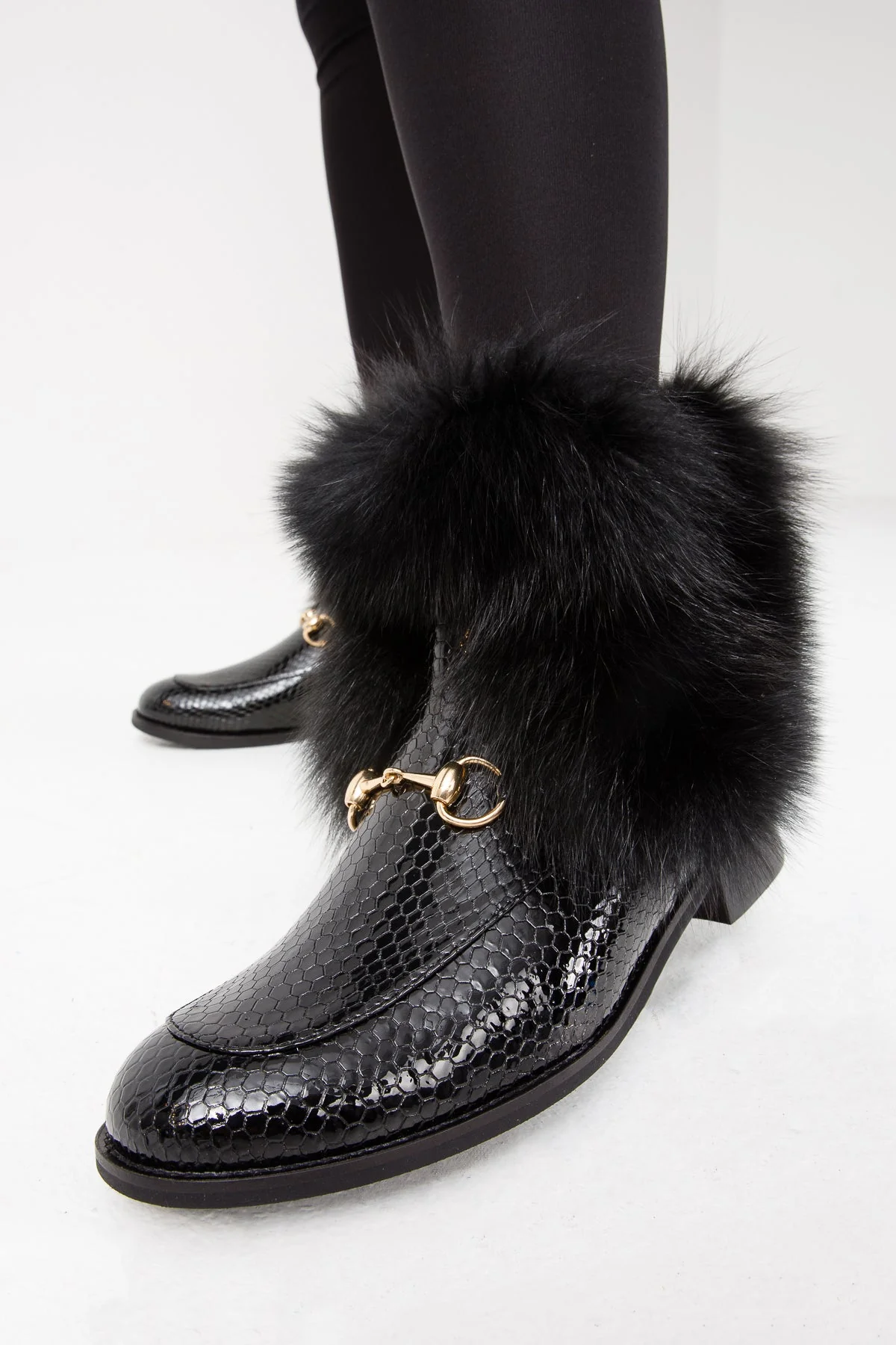 The Izmir Black Patent Leather Natural Fur Mid Calf Women  Boot - Image 12