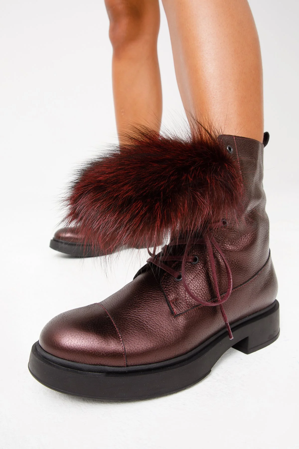The Kajapati Burgundy Leather Natural Fur Mid Calf Women Boot - Image 16