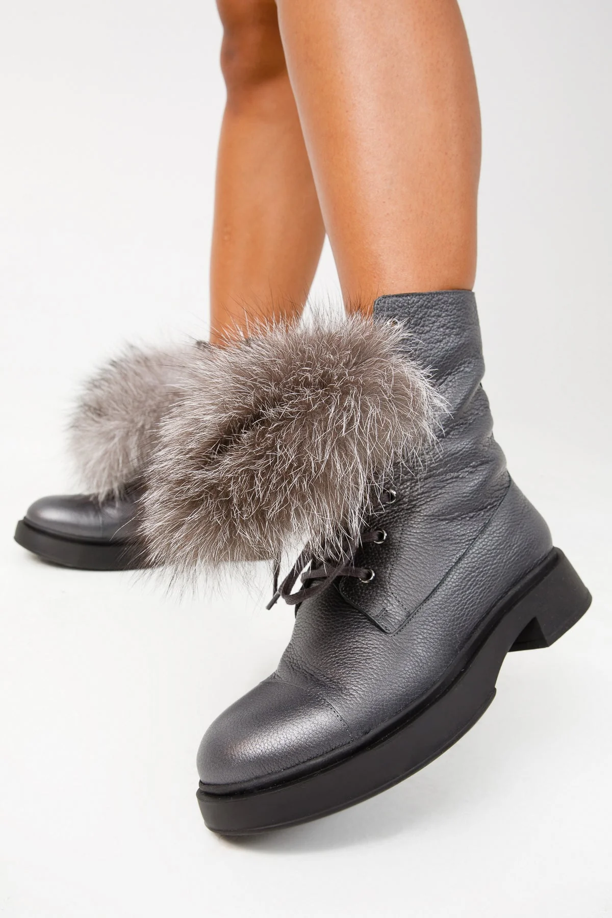 The Kajapati Grey Leather Natural Fur Mid Calf Women Boot - Image 2