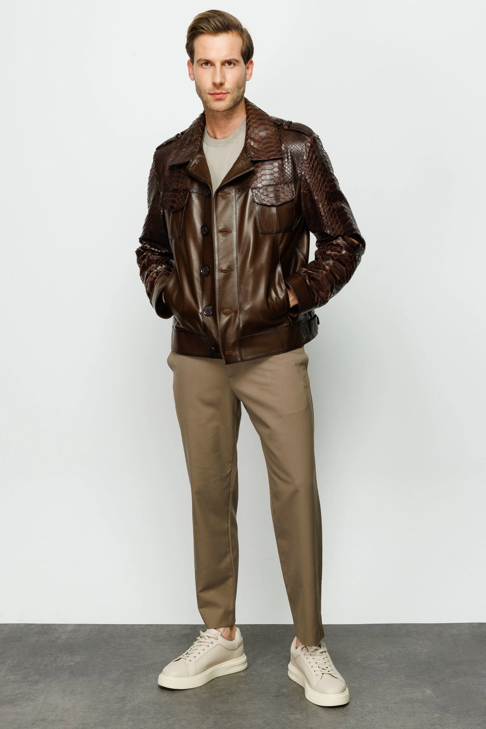 The Manteca Pythn Skin Brown Leather Men Jacket - Image 9