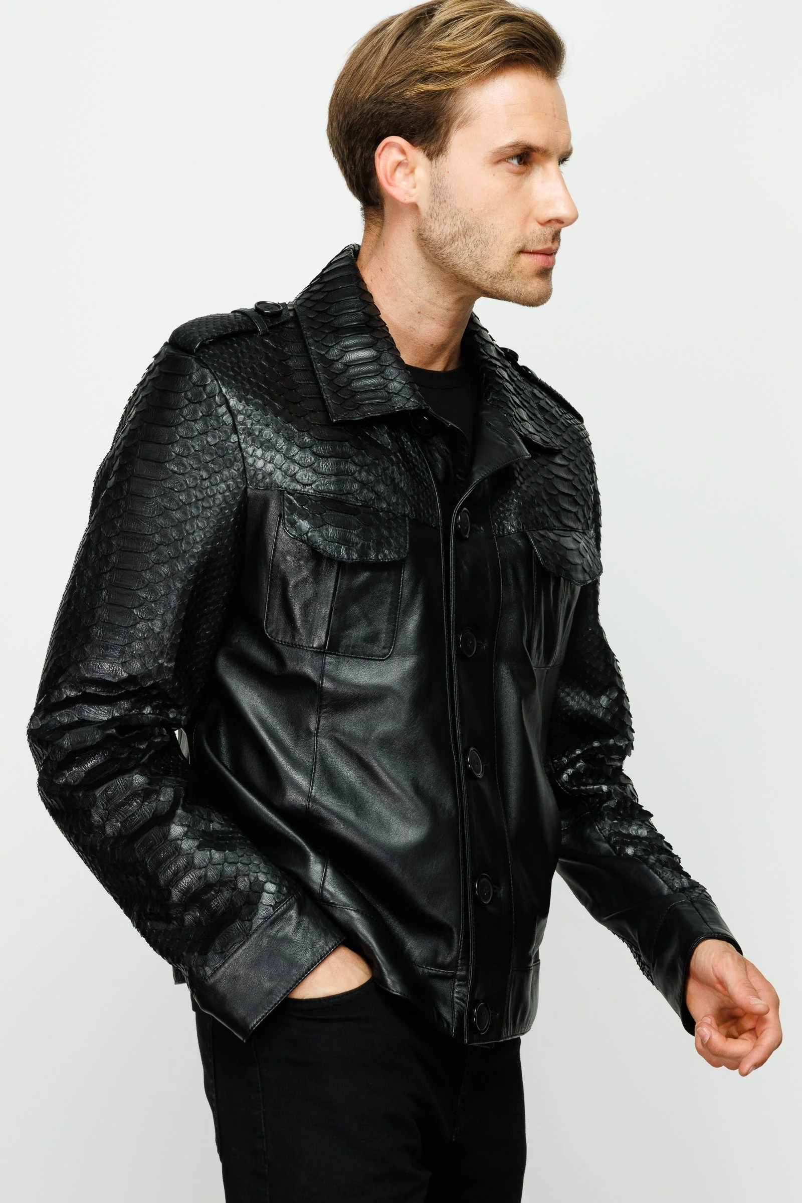 The Manteca Pythn Skin Leather Black Men Jacket - Image 10