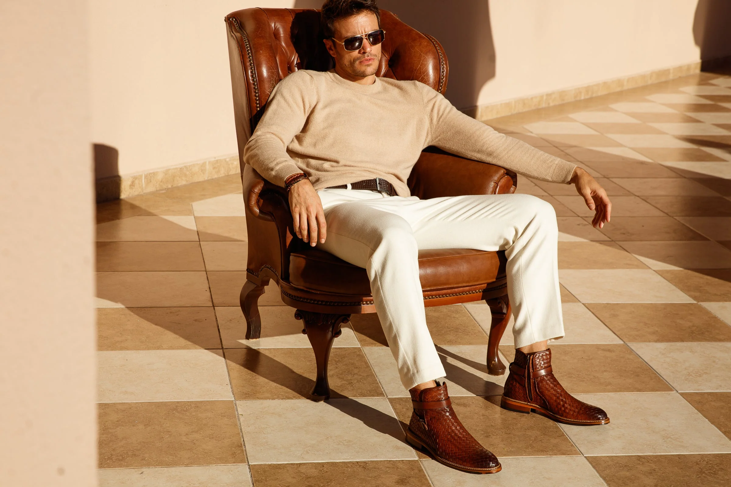 The Morral Tan Handwoven Leather Cross Strap Buckle Zip-Up Men Boot - Image 13
