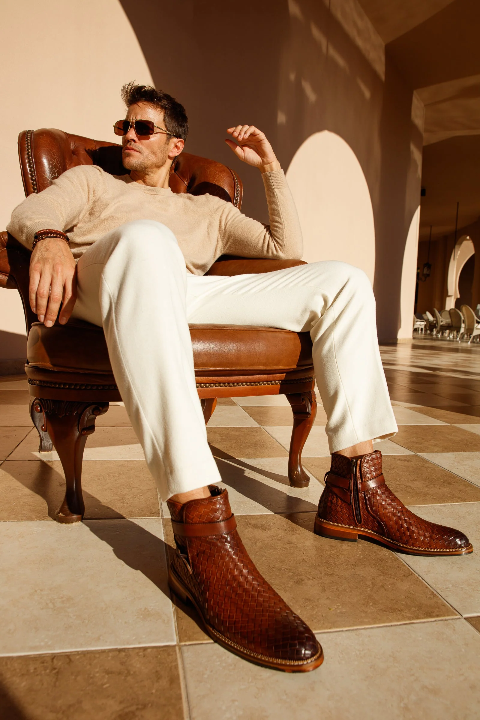 The Morral Tan Handwoven Leather Cross Strap Buckle Zip-Up Men Boot - Image 16