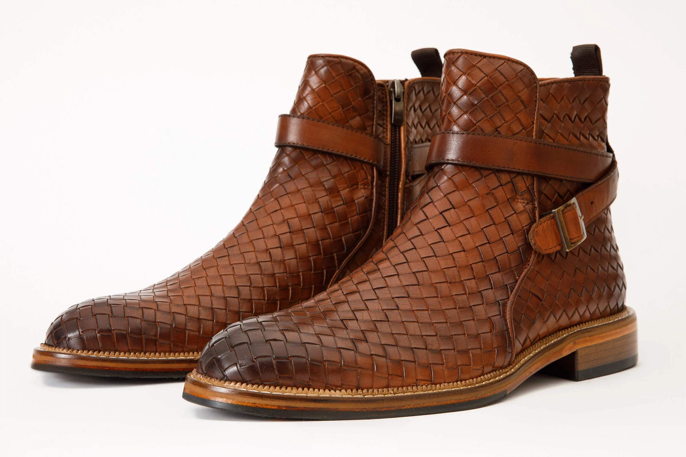 The Morral Tan Handwoven Leather Cross Strap Buckle Zip-Up Men Boot - Image 3