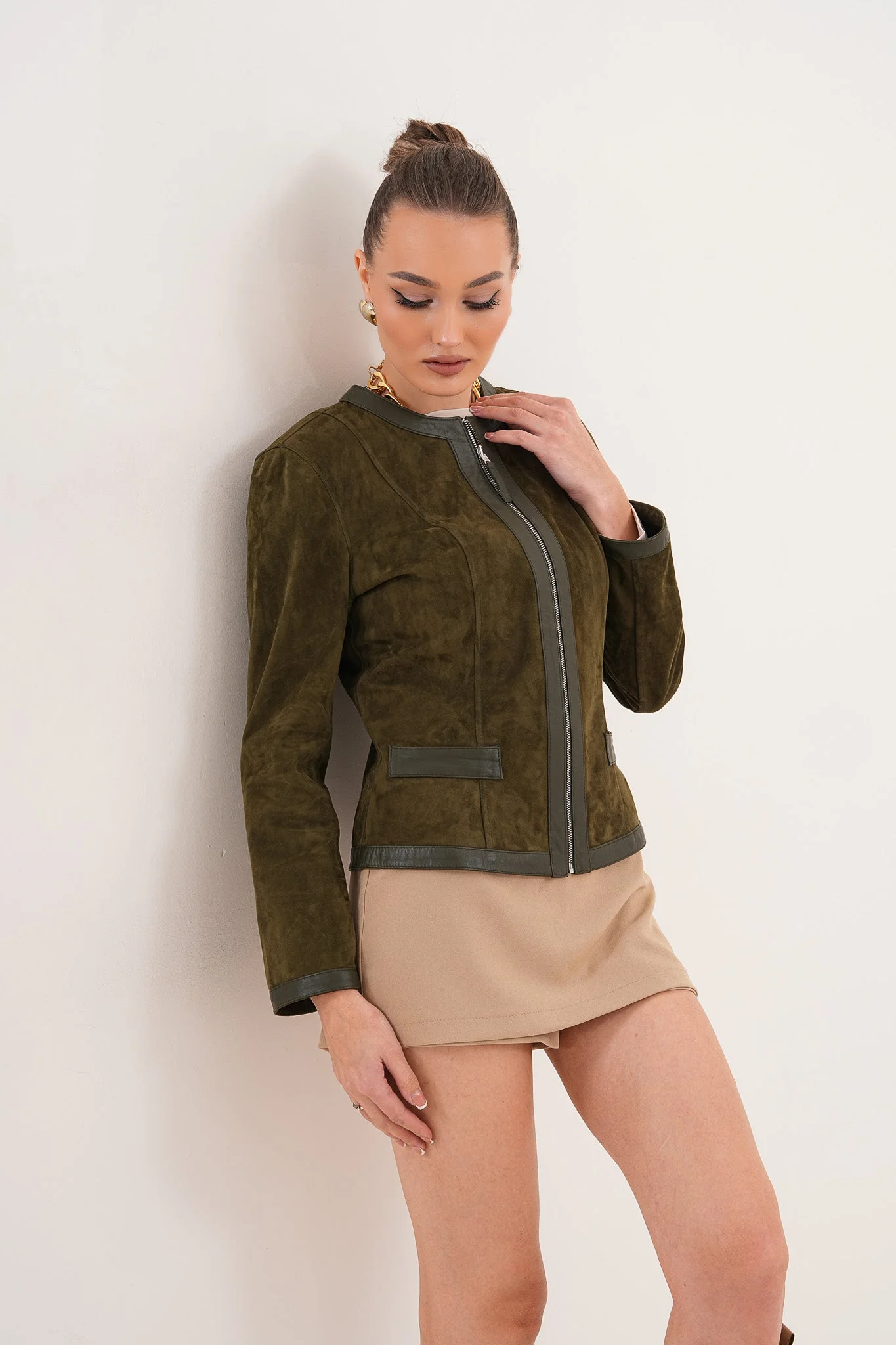 The Nyvessa Reversible Leather Women Jacket – Olive Green - Image 7