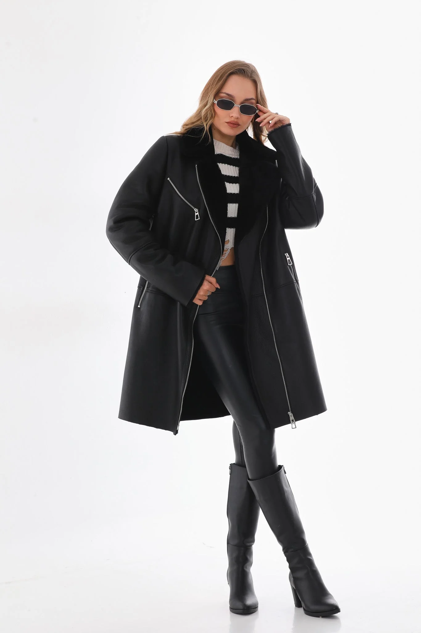 The Onyx Black Shearling & Fox Fur Leather Women Jacket - Image 4