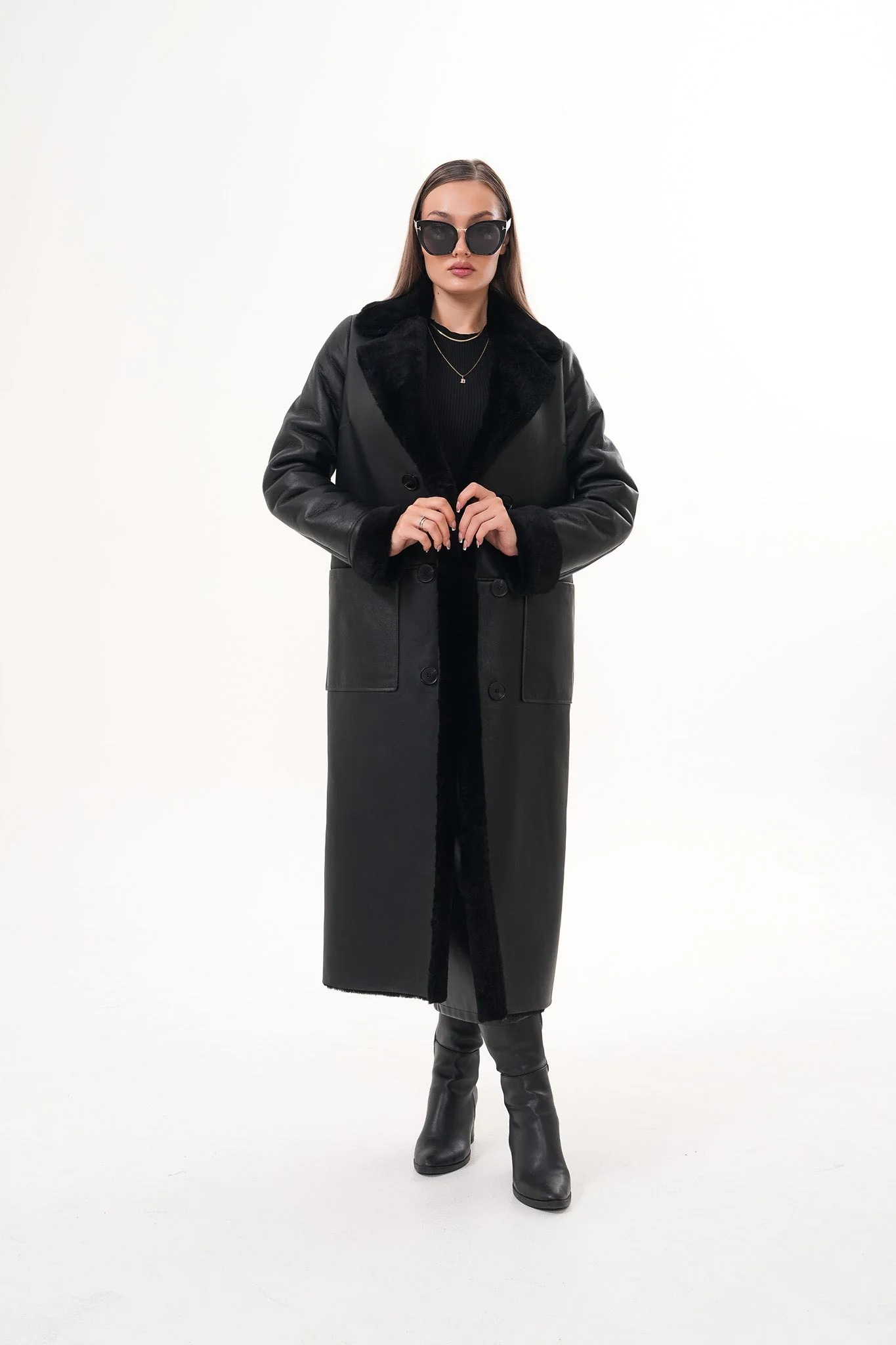 The Raven Long Shearling Black Leather Women Leather Jacket - Image 2