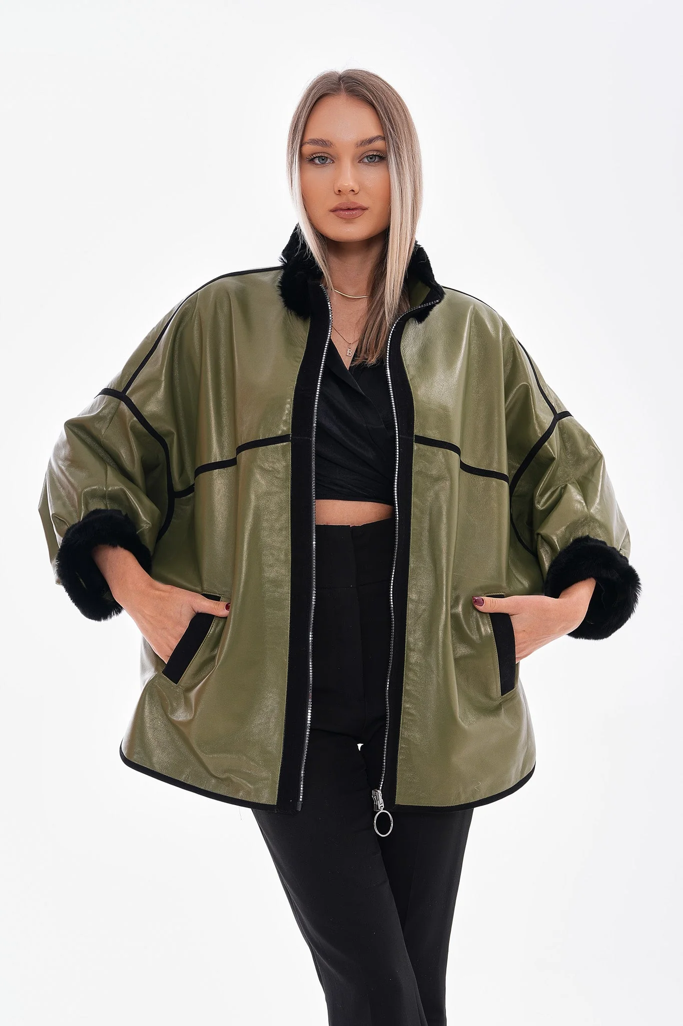 The Rebel Reversible Shearling Olive Green Leather Women Jacket - Image 11