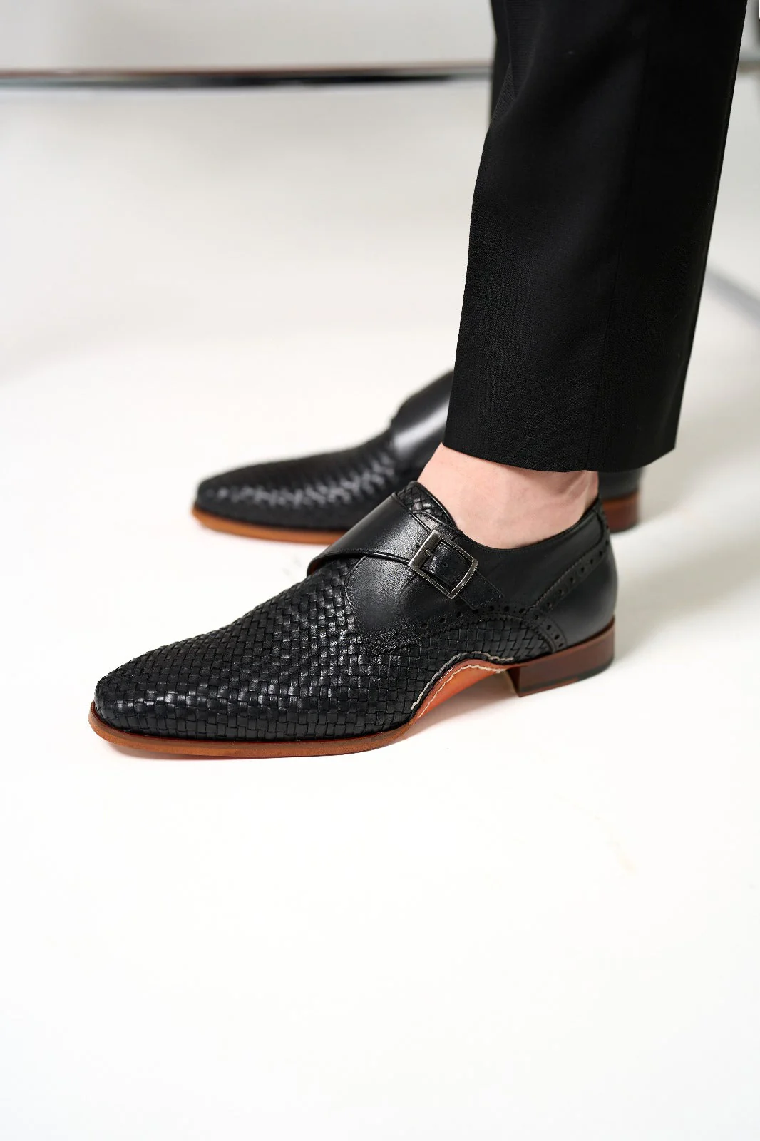 The Rolls  Woven Black Leather Single Monk Strap  Handmade Men Shoe - Image 11