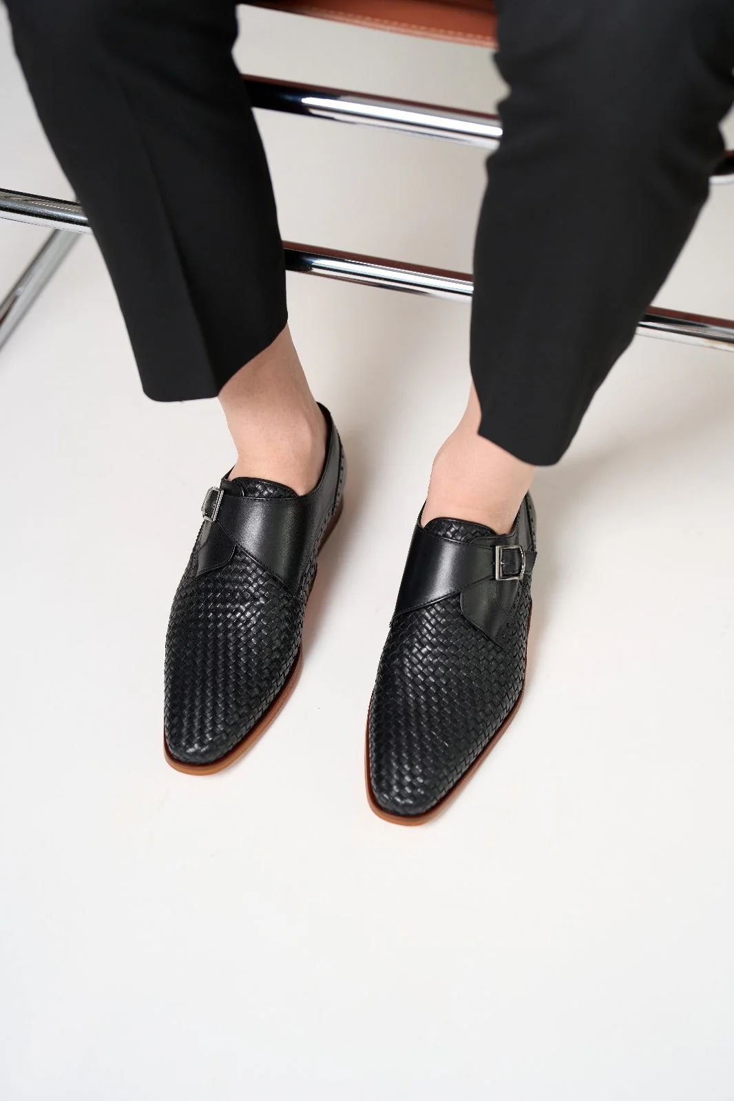The Rolls  Woven Black Leather Single Monk Strap  Handmade Men Shoe - Image 16