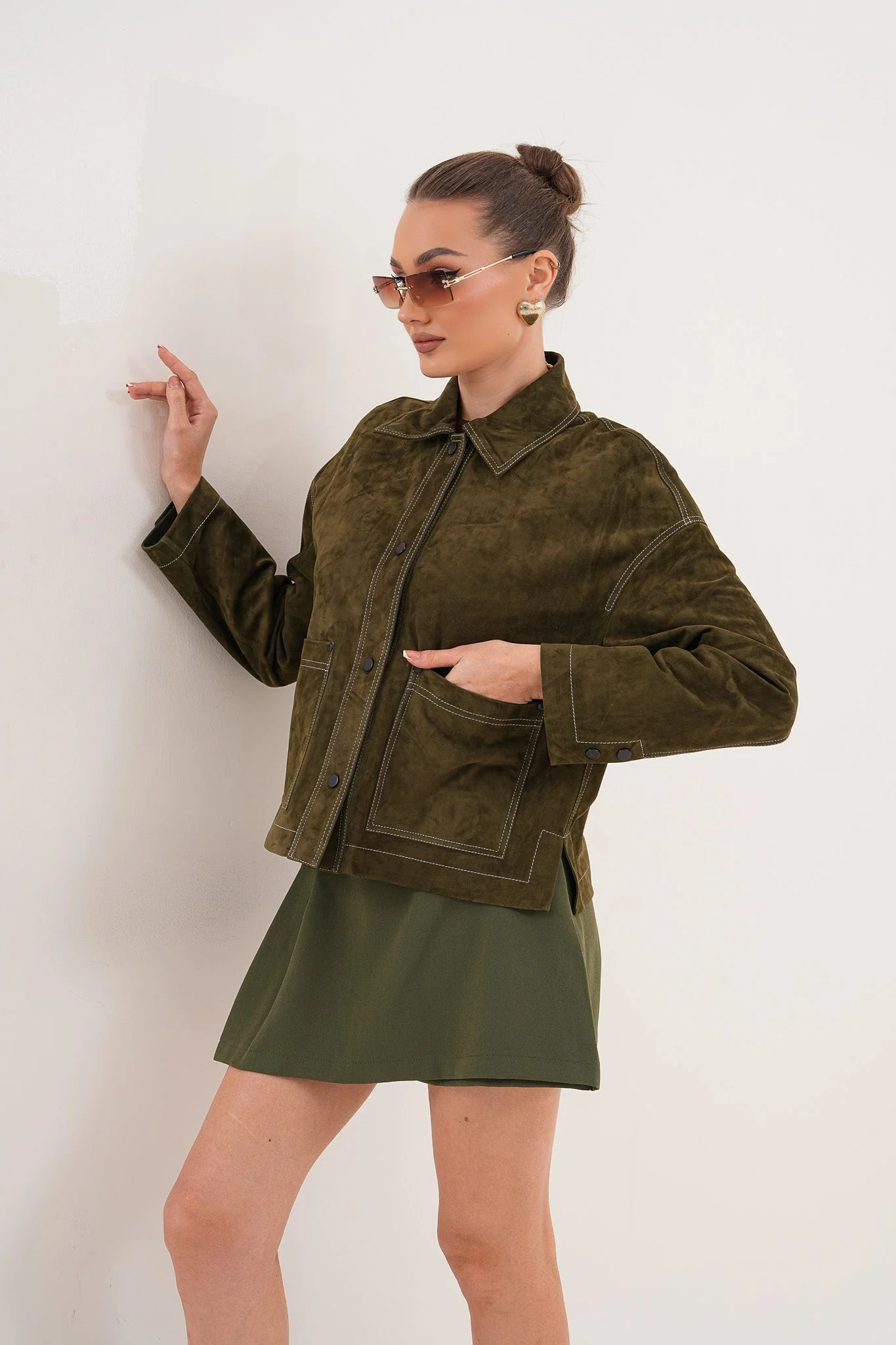 The Solviera Reversible Olive Suede Leather Jacket - Image 12