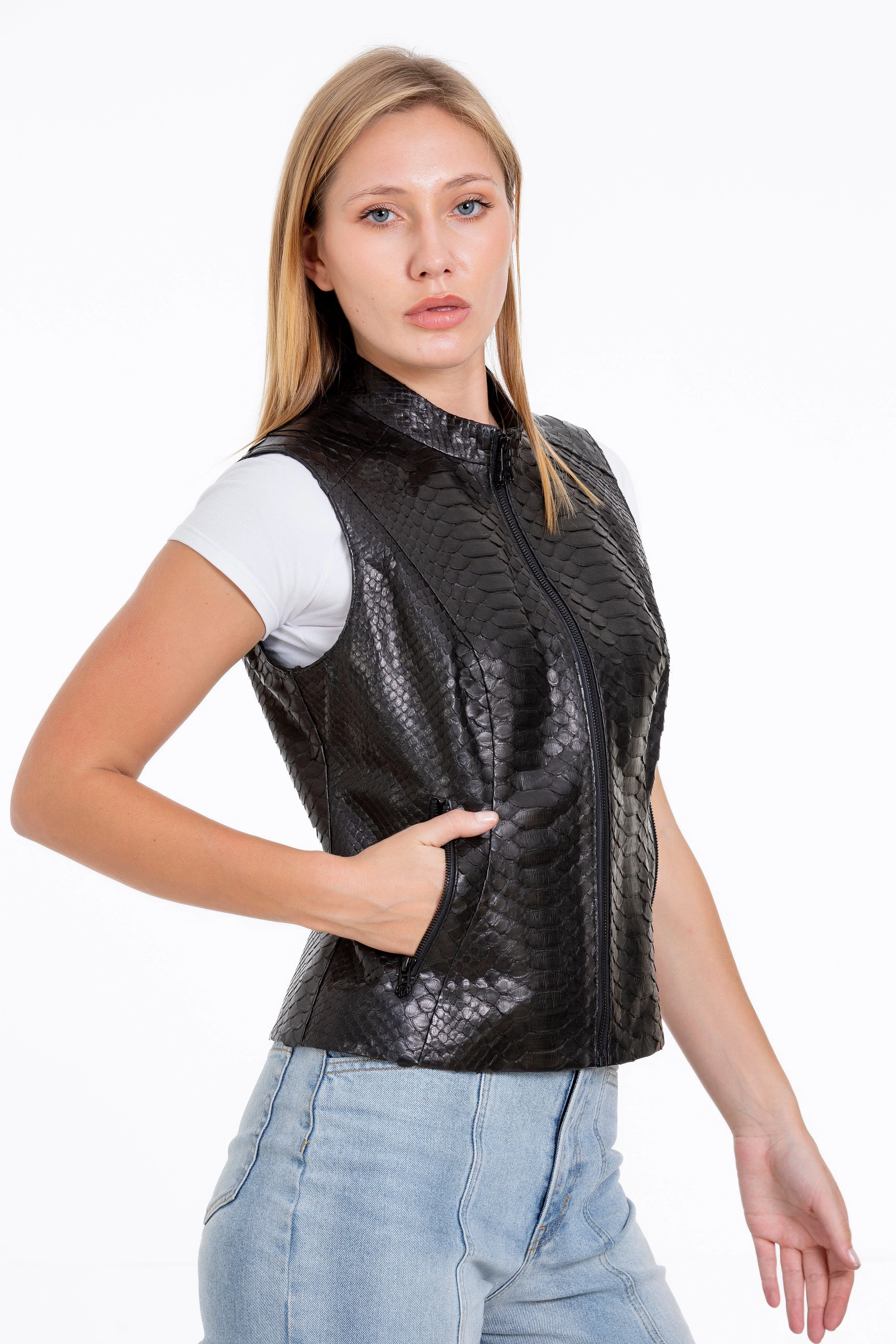 The Strasbourg Pythn Skin Leather Black Zip-Up Vest Women Jacket - Image 5