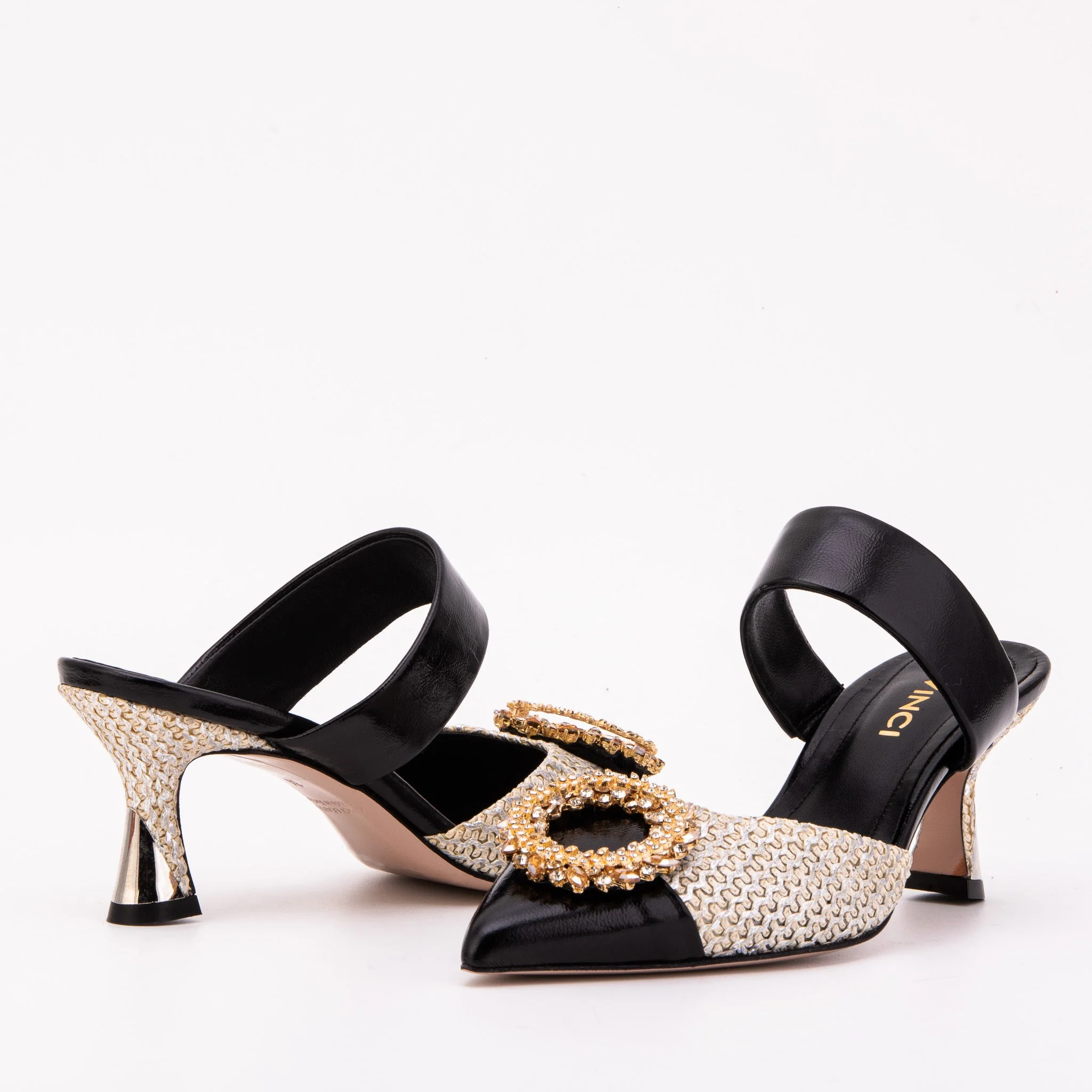 The Valencia Black & Cream Jewel Heel Women's Mule Sandal - Image 4