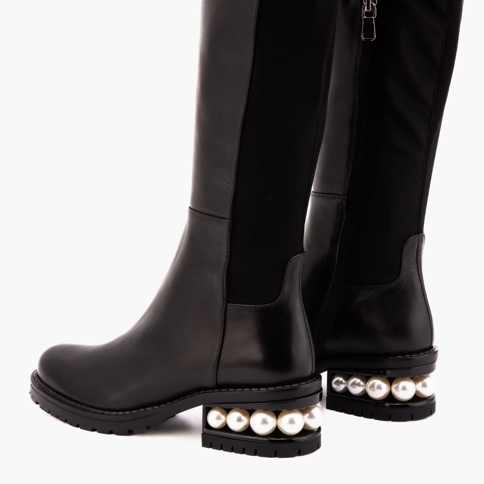 The Valeria Pearl Heel Knee-High Women Black Leather Boot - Image 10