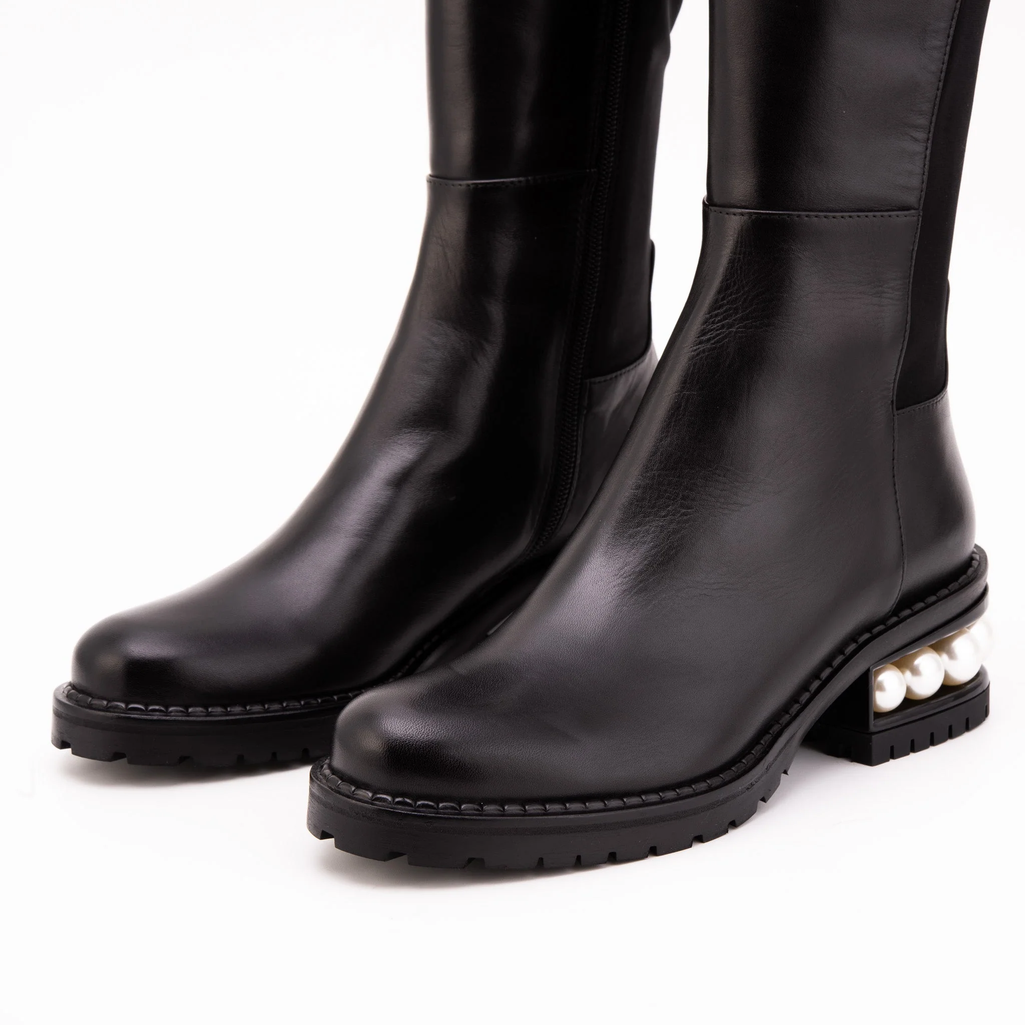 The Valeria Pearl Heel Knee-High Women Black Leather Boot - Image 11
