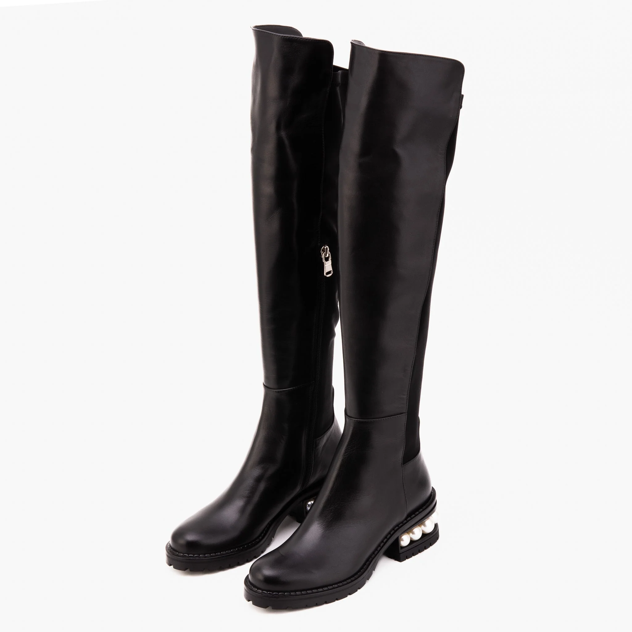 The Valeria Pearl Heel Knee-High Women Black Leather Boot - Image 8