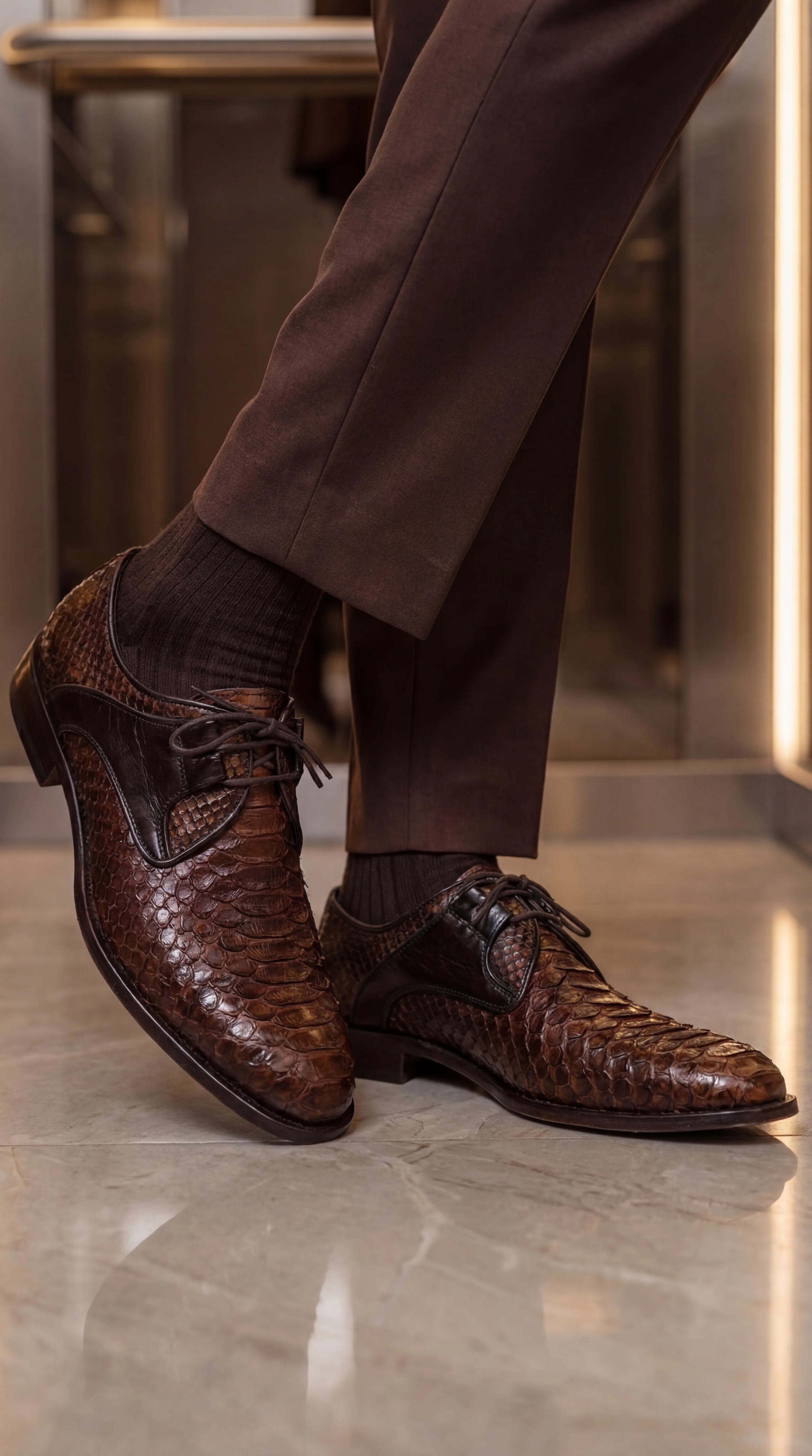 The Valmont Tan Python Leather Derby Men Shoe - Image 14
