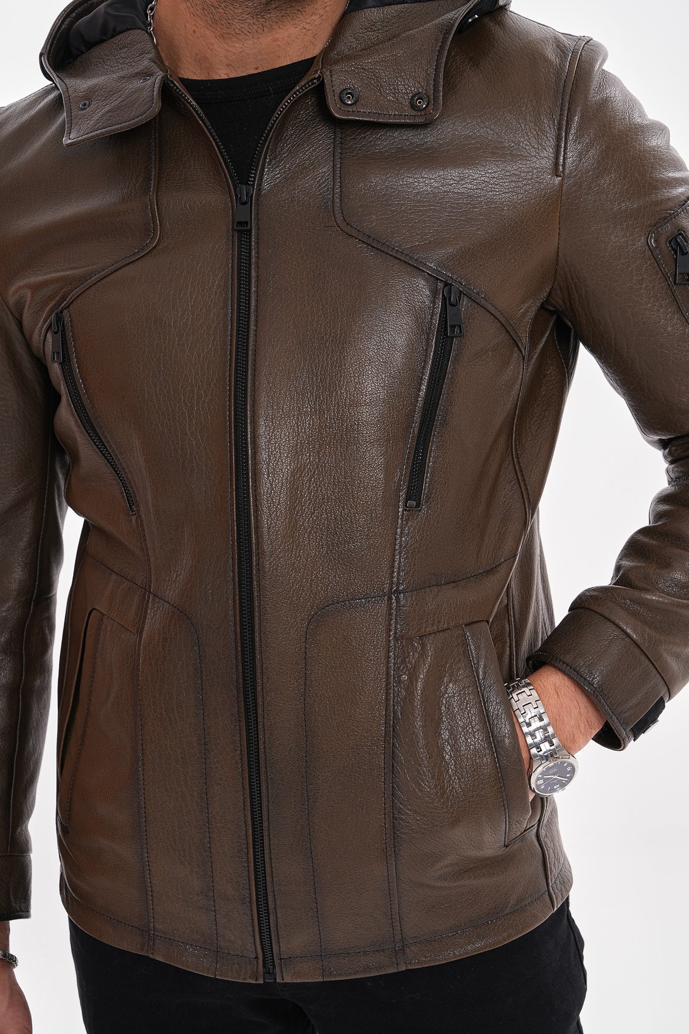 The Veneto Khaki Leather Hooded Men Jacket - Image 10